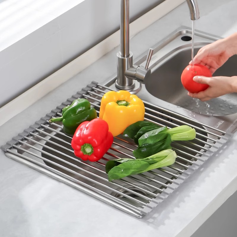 Roll-Up Dish Drying Rack, Stainless Steel Sink Drainer Mat for Dishes, Fruit and Vegetables over Kitchen Sinks, Grey, 43 × 35 cm — image 2