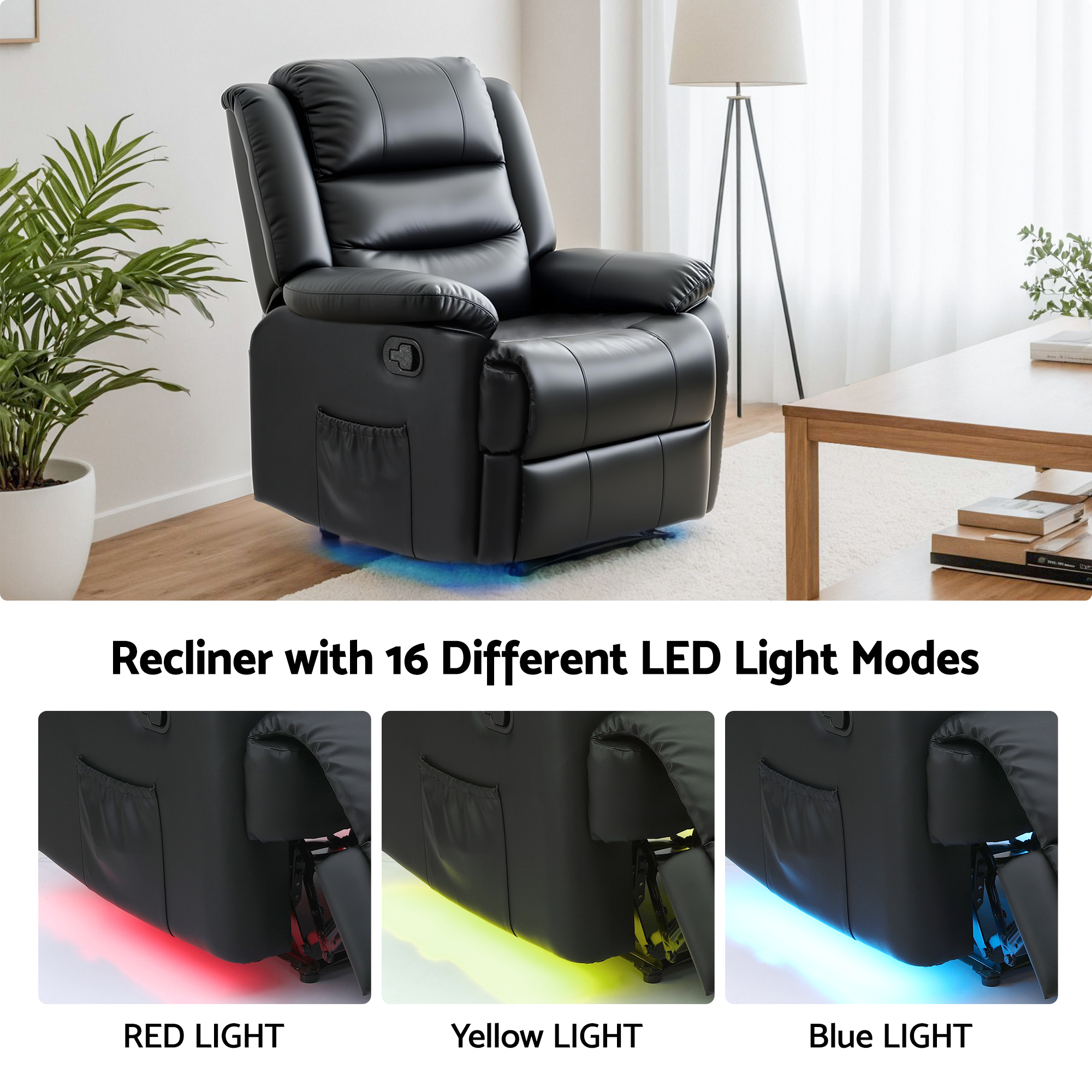 Artiss Manual Recliner Chair Leather Reclining Sofa with 16color Led Black โ image 6