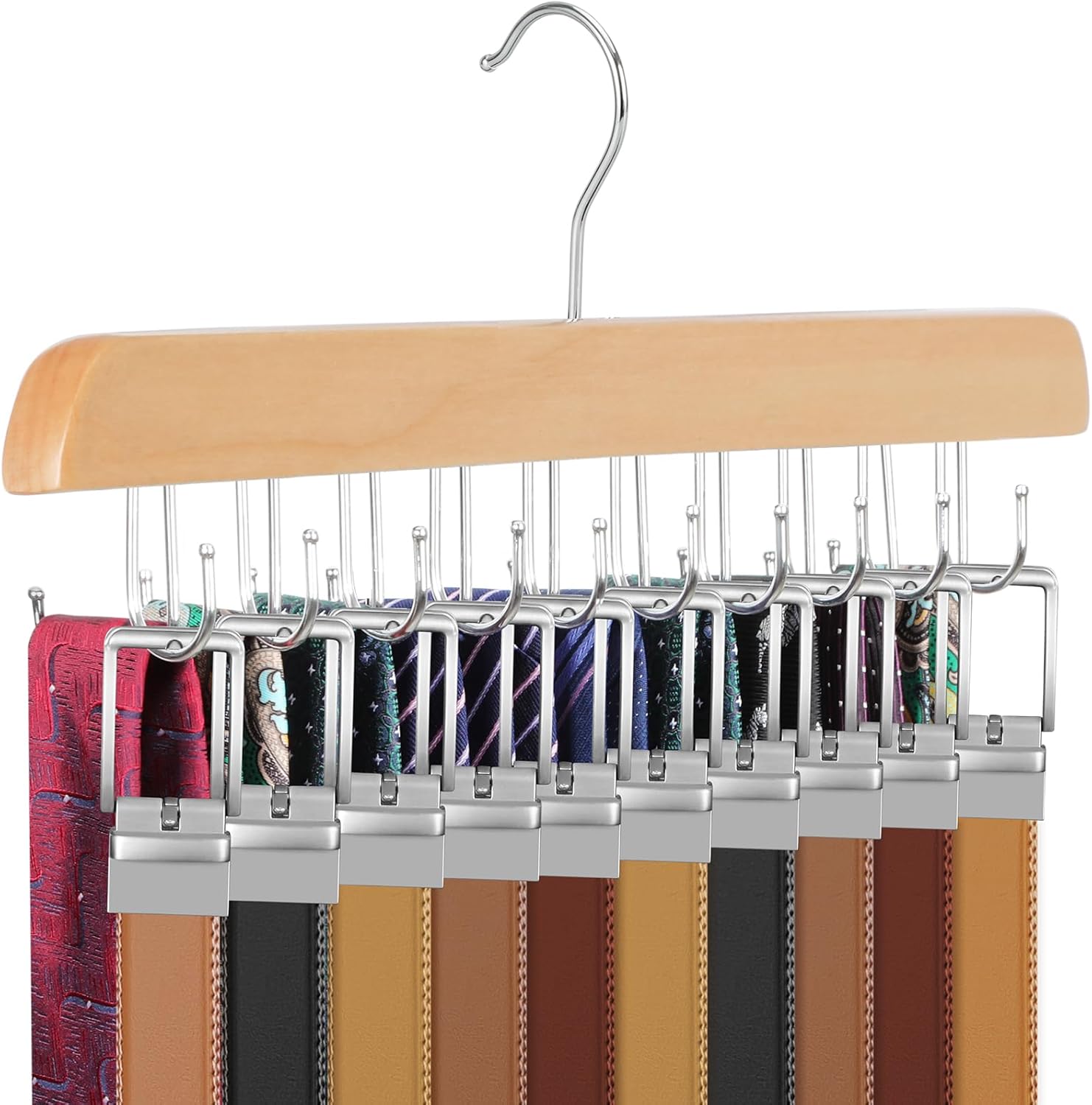 TOPIA HANGER 20 Hooks Belt Tie Hanger Space Saving for Closet, 2 IN 1 Belt Ties Racks Max 30 Belts with 30 Ties Capacity, Curved with Flat Hooks for