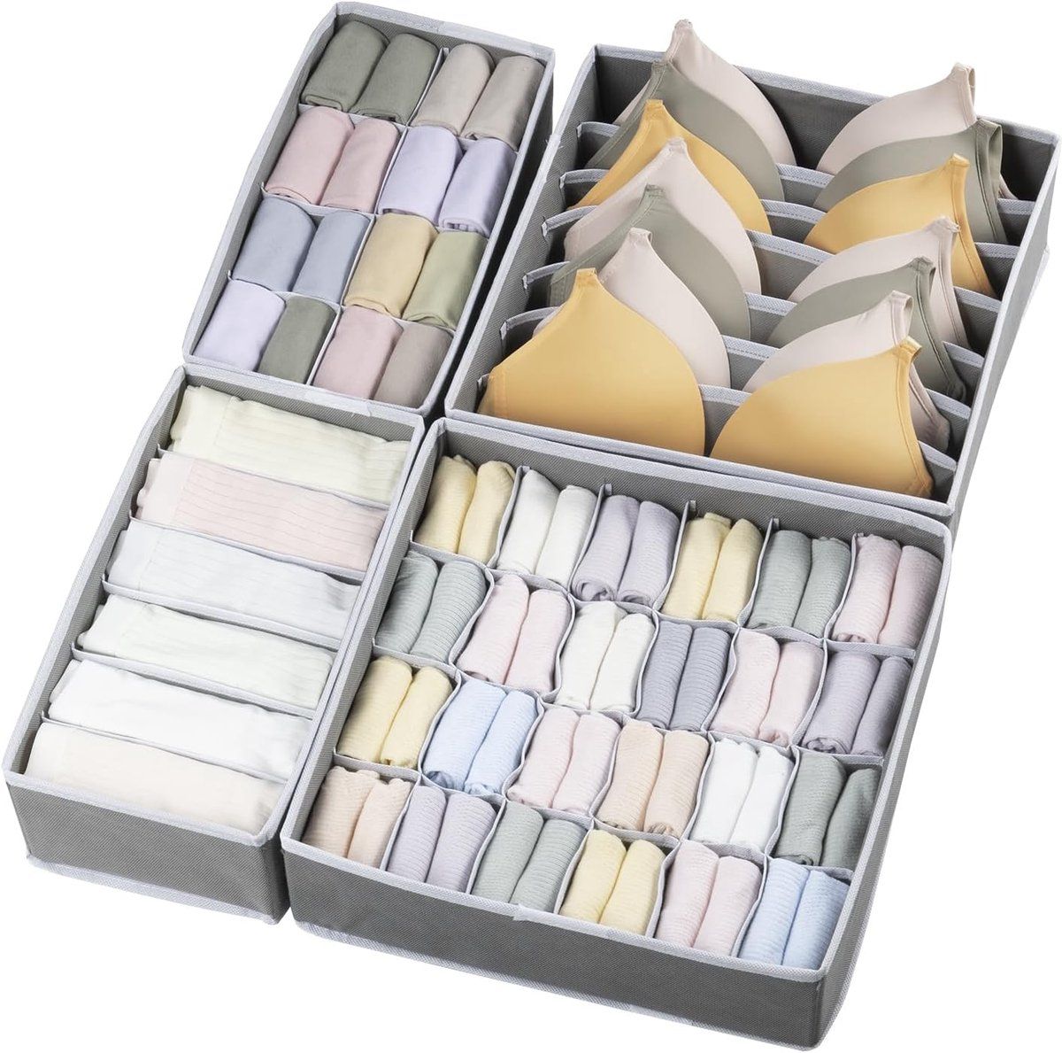 4 Pack Drawer Organizer Foldable Oxford Fabric Closet Storage Bins With Compartments For Underwear Socks Bras Baby Clothes Gray, 32 × 10 cm