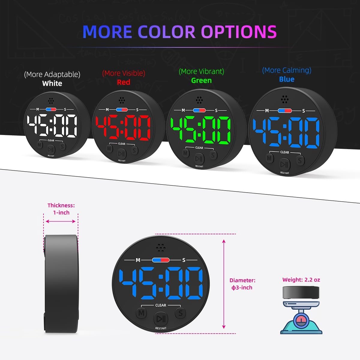 Digital Timer - Digital Kitchen Timer - Smart Timer - LED Display - Magnetic - Addition/Subtraction - Learn to Tell Time - Analog Kitchen Timer - Black — image 6
