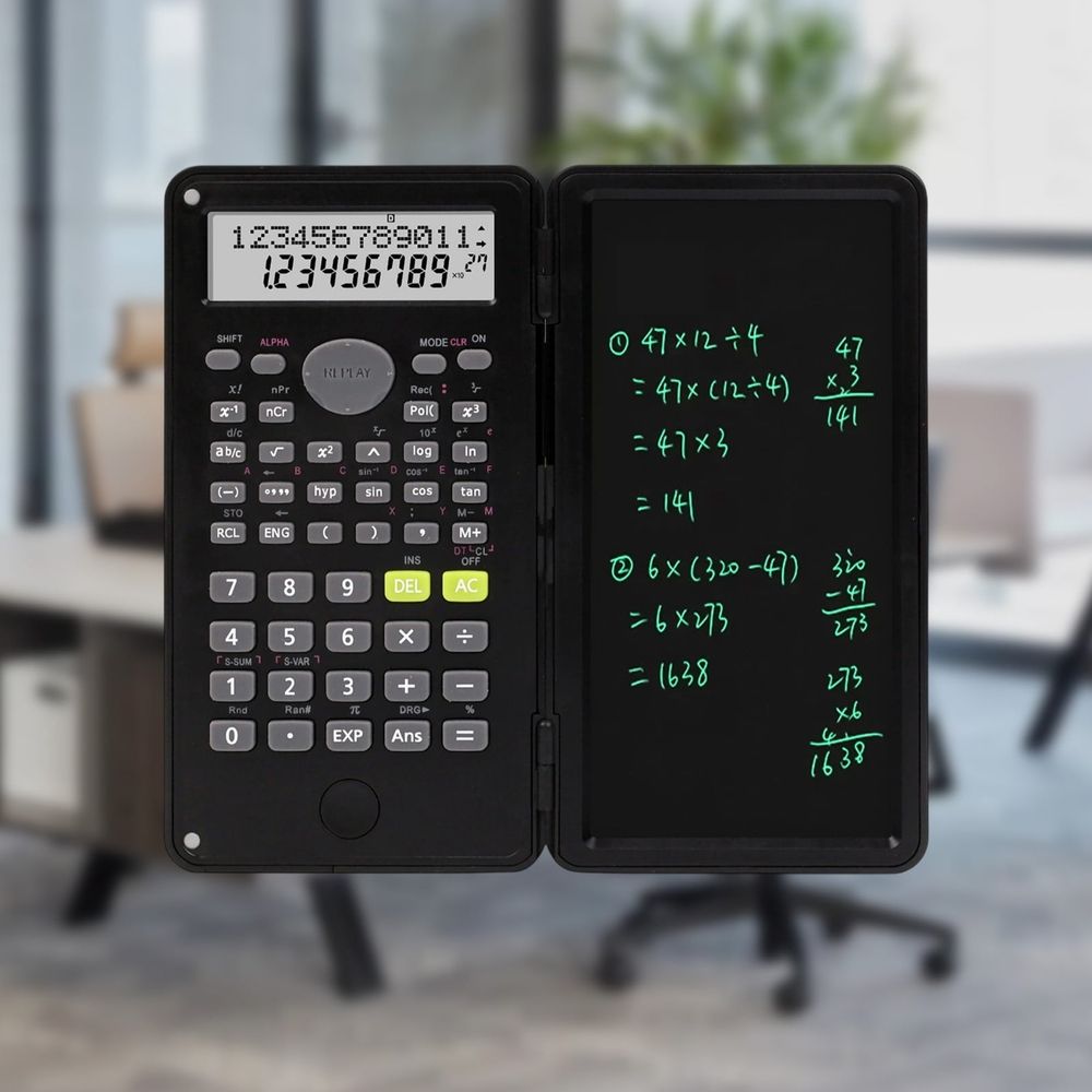 Math Calculator with Notepad, 2-Line Display Calculator with Erasable LCD Writing Tablet, 2 in 1 Scientific Calculator with Writing Tablet, Desktop Pocket LCD Science Calculator