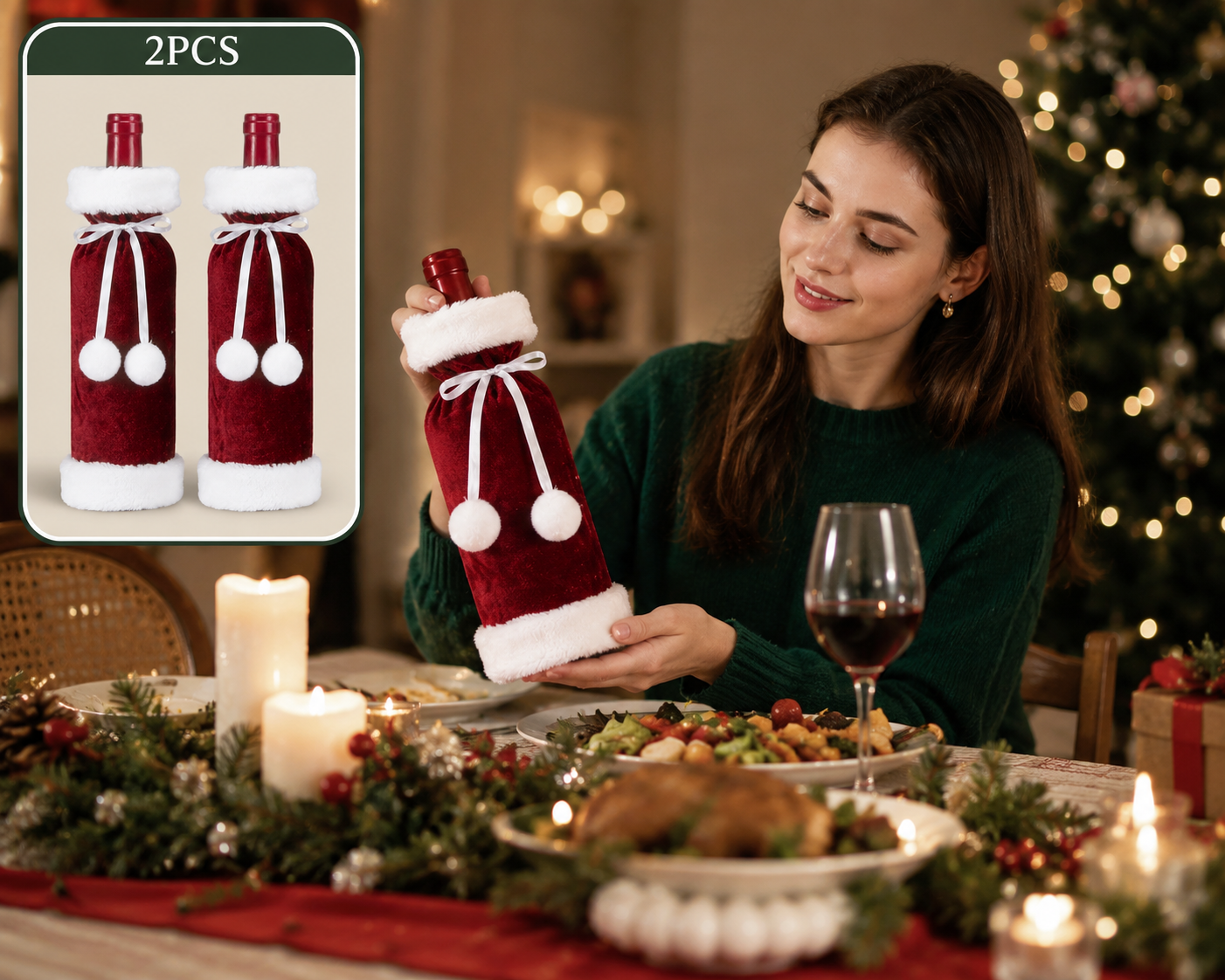2 Pack Red Christmas Velvet Wine Bottle Covers with Faux Fur Trim Reusable Wine Bottle Gift Bags for Holiday Table Decor and Christmas Party Decorations โ image 2