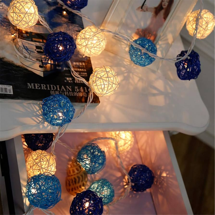 1 Set of Blue n White 5cm Rattan Cane 50 Ball Battery Powered LONG 5m String Lights Christmas Gift Home Wedding Party Bedroom Decoration Table