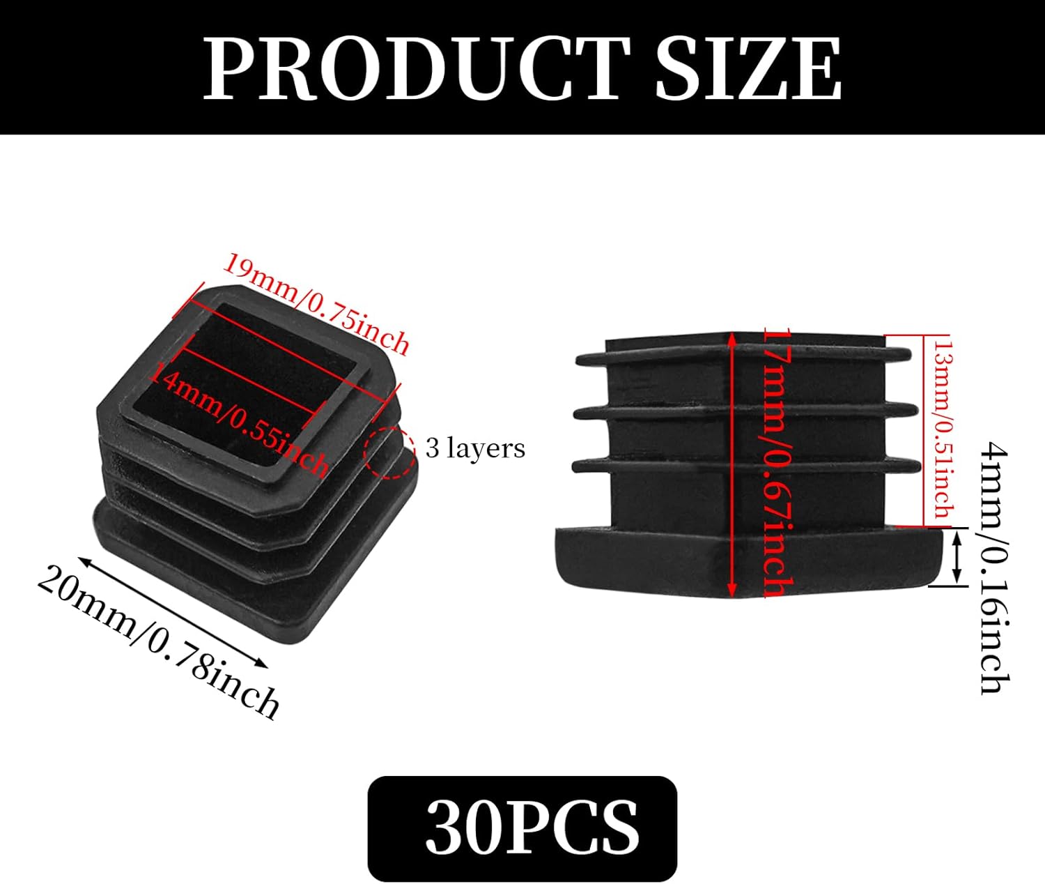 30 Pack Square Tube Insert Caps, Plastic Furniture and Chair Leg End Plugs for Square Tubing, Black, 20 × 20 mm — image 2