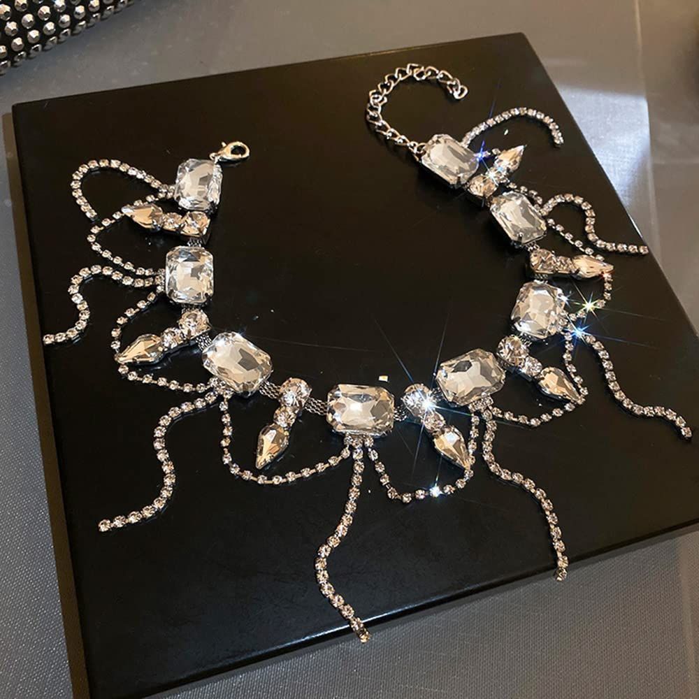 Necklace for Women Full Rhinestone Tassel Necklace Boho Bridal Necklaces for Wedding Prom Party Silver Layered Chain Necklaces — image 3