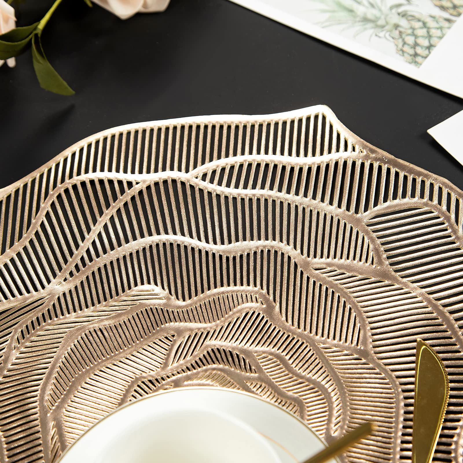 Gold Placemats Pressed Vinyl Round Placemats Set of 4 Pretty Rose Shape Design Washable Dining Table Decoration Mats — image 3