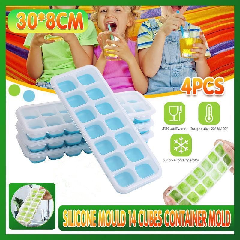 4Pcs Ice Cube Tray With Lid Easy Release Silicone Mould 14 Cubes Container Mold - Blue — image 2