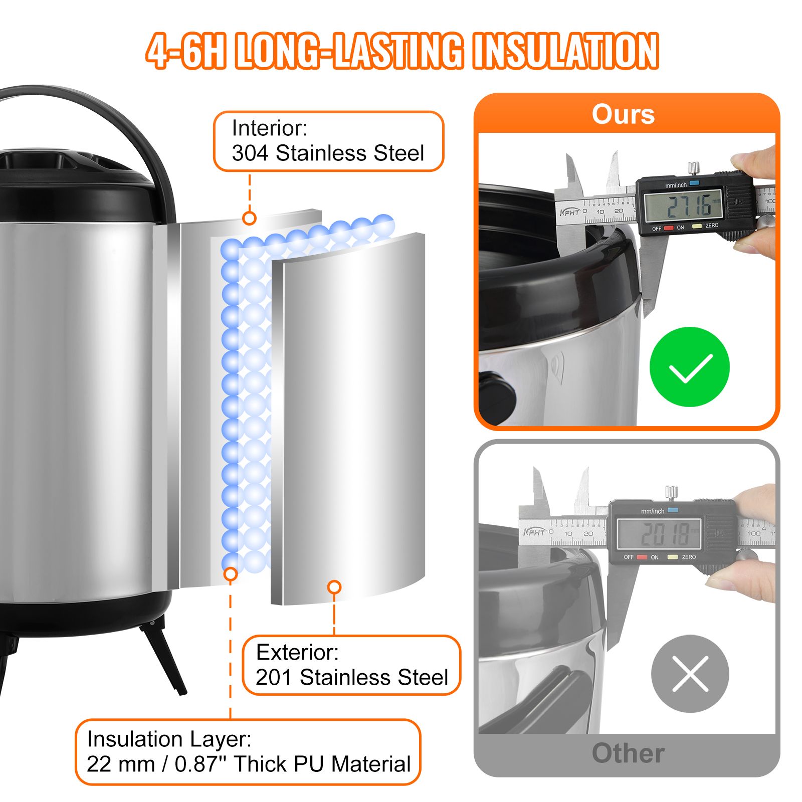 Stainless Steel Insulated Beverage Dispenser, 7.6 Liter, Thermal Hot and Cold Drink Server Dispenser with Spigot Handle, Food-grade for Hot Tea Coffee Water — image 3
