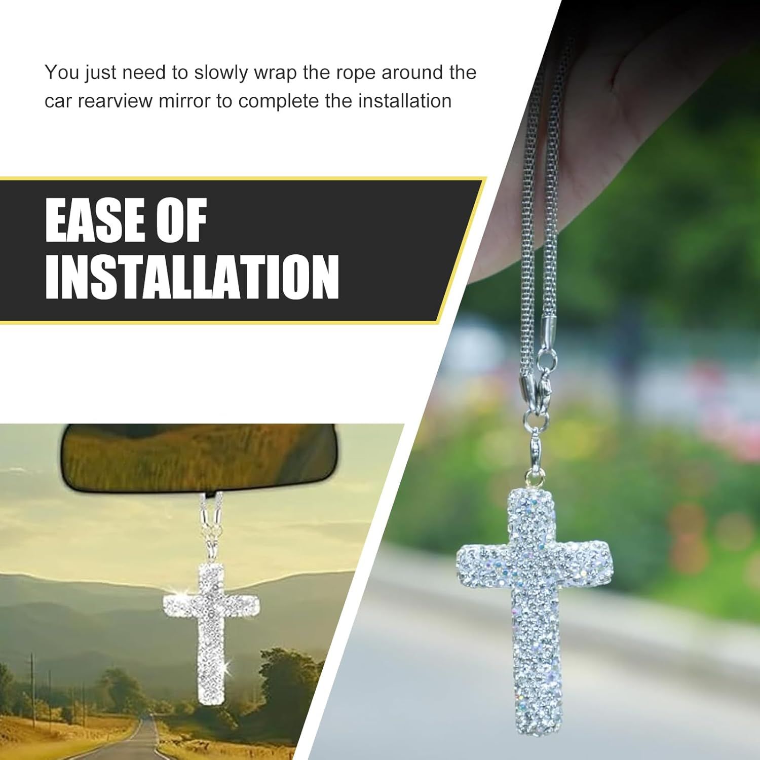 Car Hanging Ornament, Bling Cross Faith Pendant, Rhinestones-Embedded Rust-Proof Hip Hop Rearview Mirror Decoration Charm, Universal Personality Interior — image 6