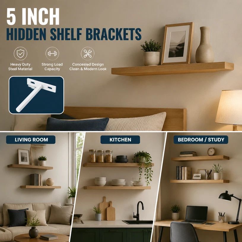 5" White Hidden T Shelf Bracket 2Pcs w/ 5x60&5x80 Screws