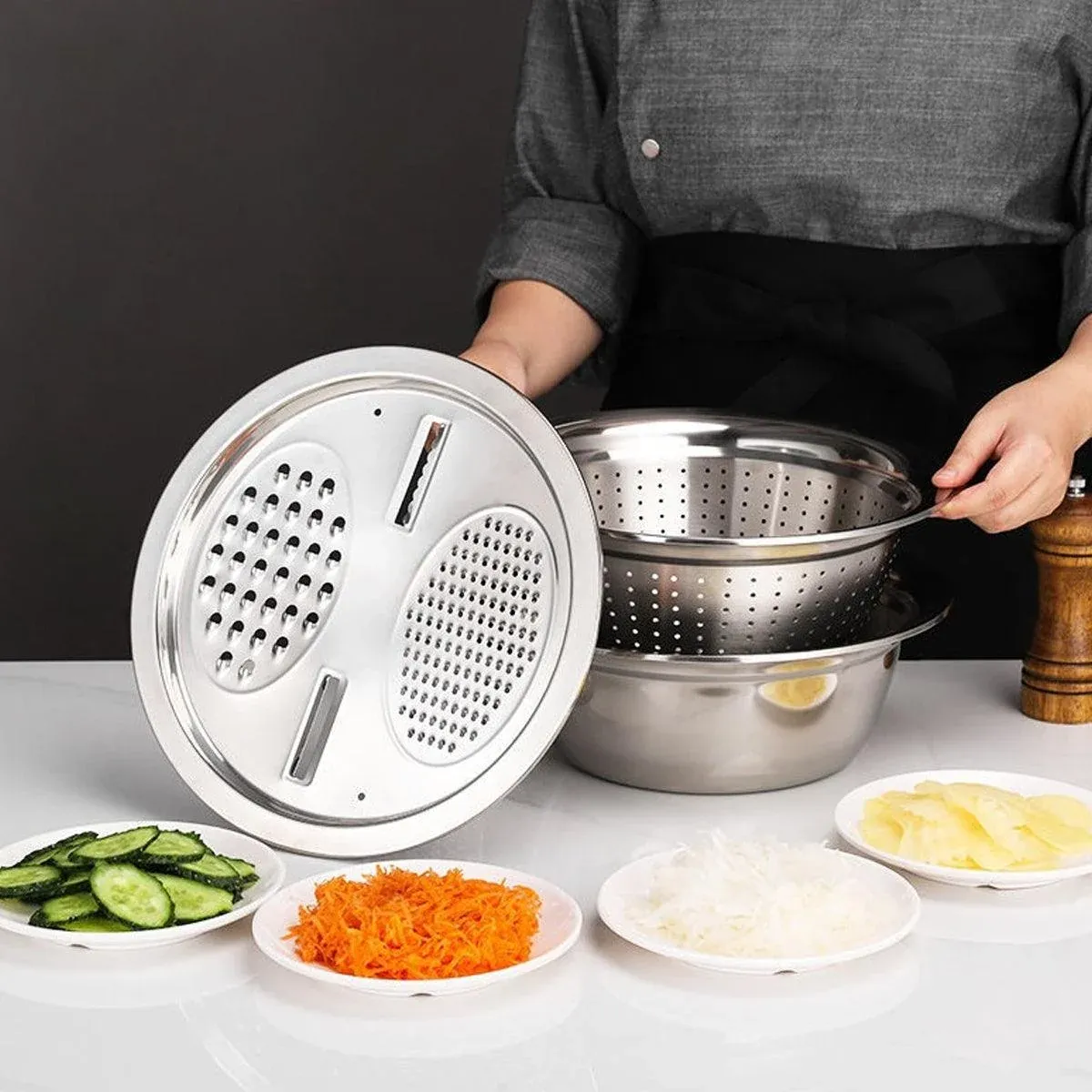 Multifunctional 201 Stainless Steel Basin 3 in 1 Colanders Basin Mixing Bowl Set โ image 6