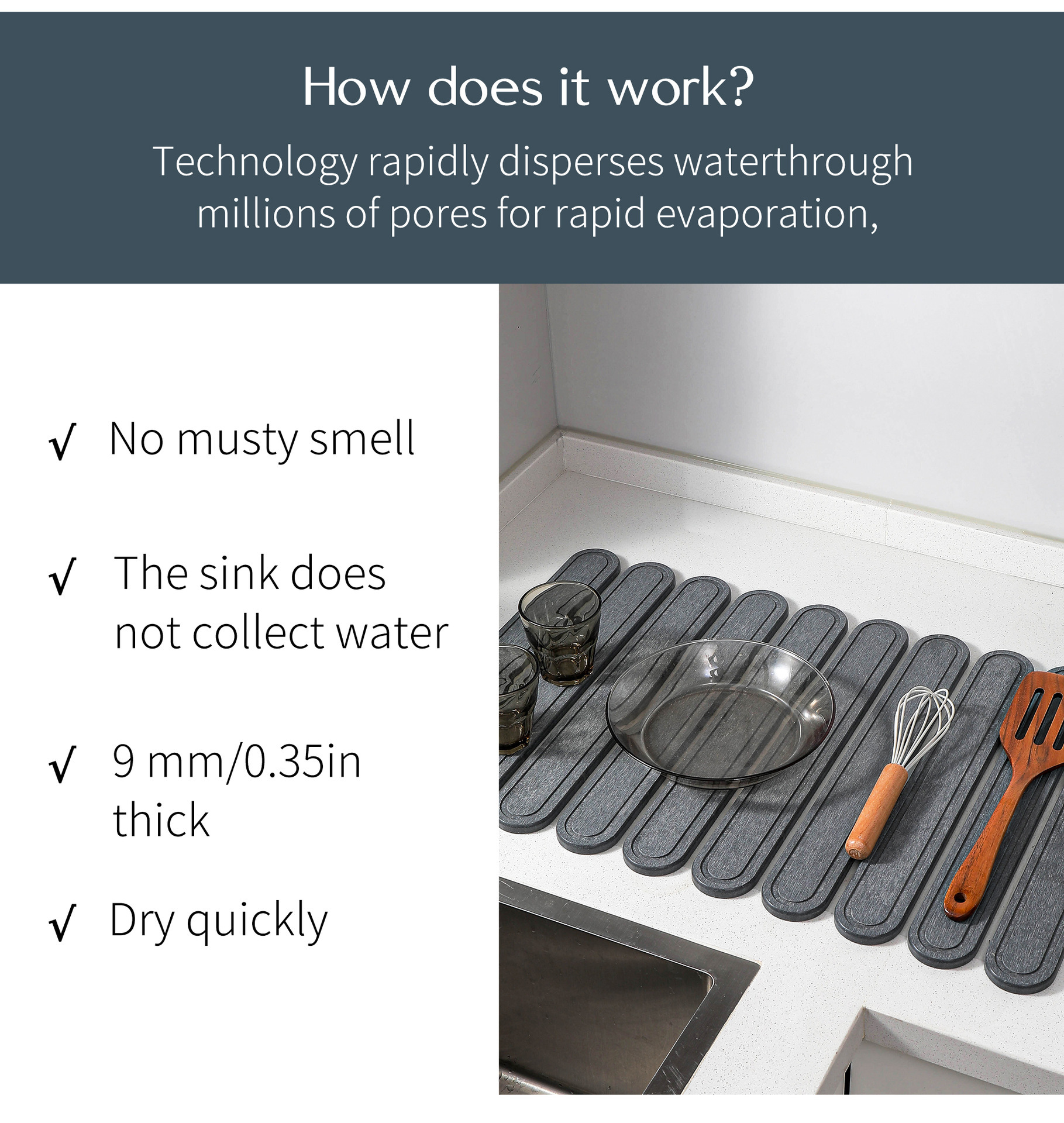 Light Gray Square Engraved Inner Frame Foldable Diatomaceous Earth Drying Mat - Super Absorbent, Fast-Drying, Non-Slip Kitchen Countertop Mat — image 5