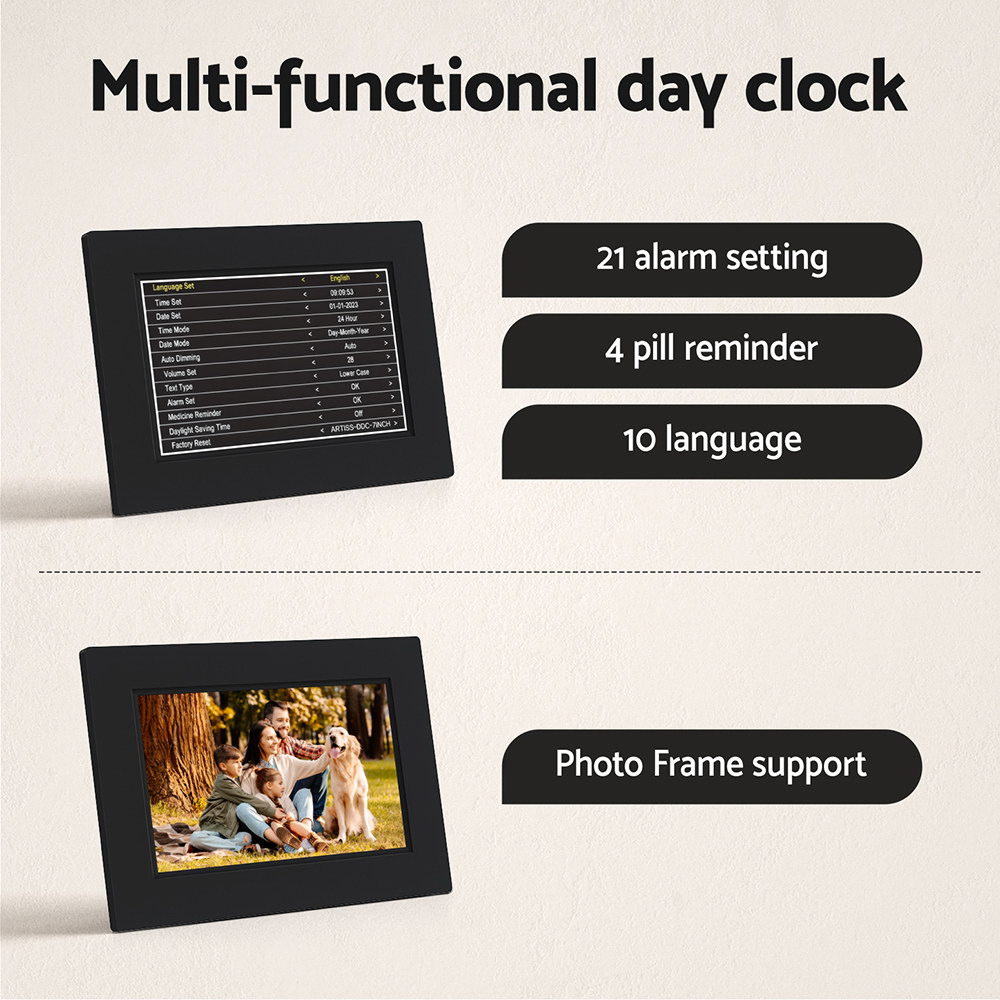 Artiss 8" Digital Day Clock Calendar Alarm Black โ image 6