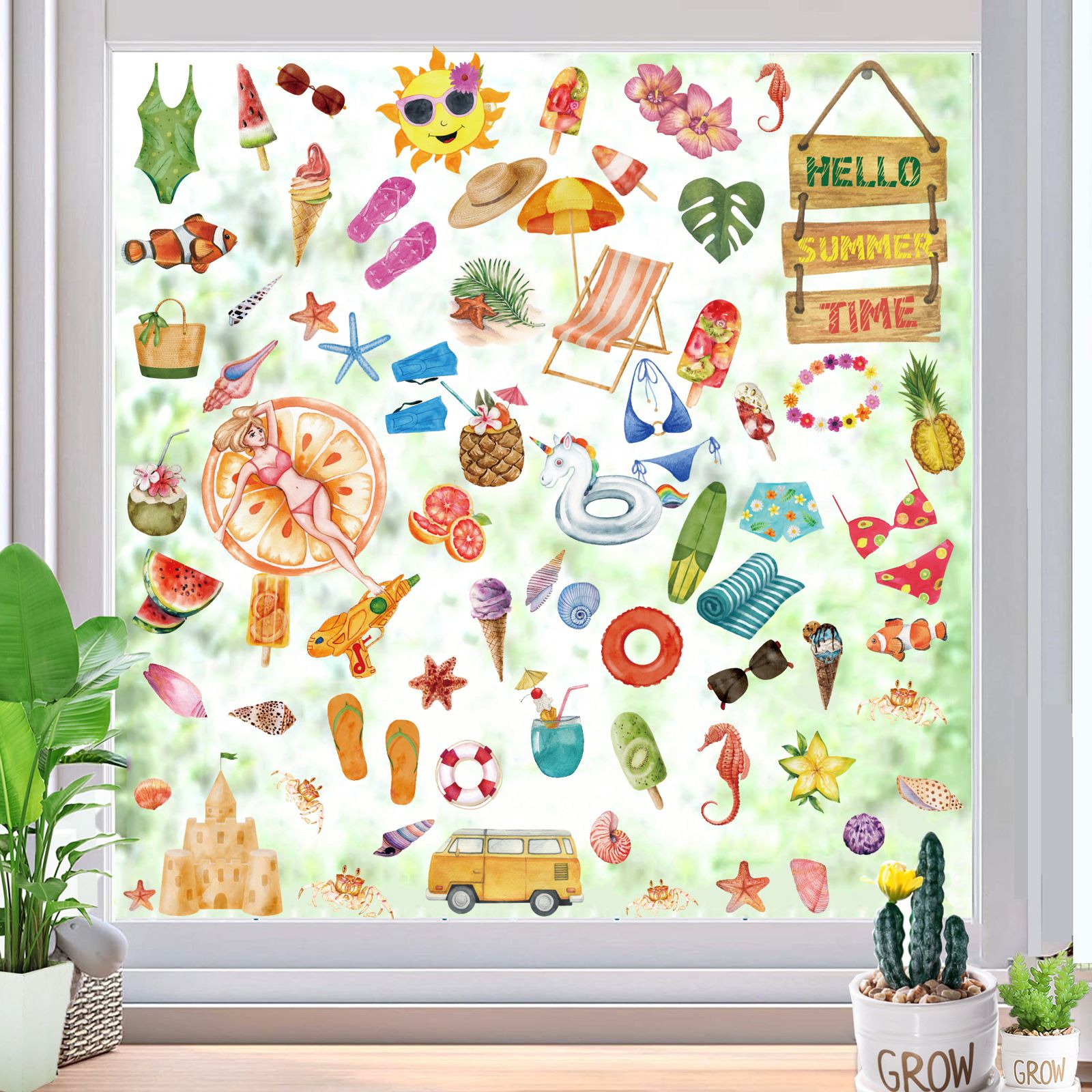 126 Pieces Summer Window Clings Stickers Hawaiian Window Decal with Sun Beach Drinks for Wall Glass Refrigerator Car ,8 Sheets
