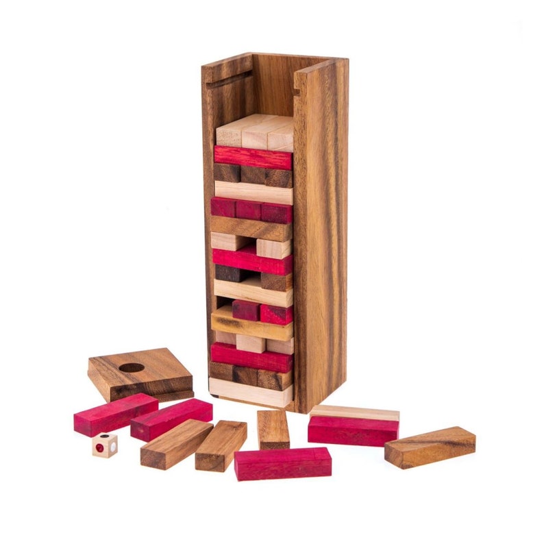 Stacking tumbling blocks wood Red colours balance game with dice play options handmade stacking Fun Board Games Kids Ages 4 to Adults — image 2