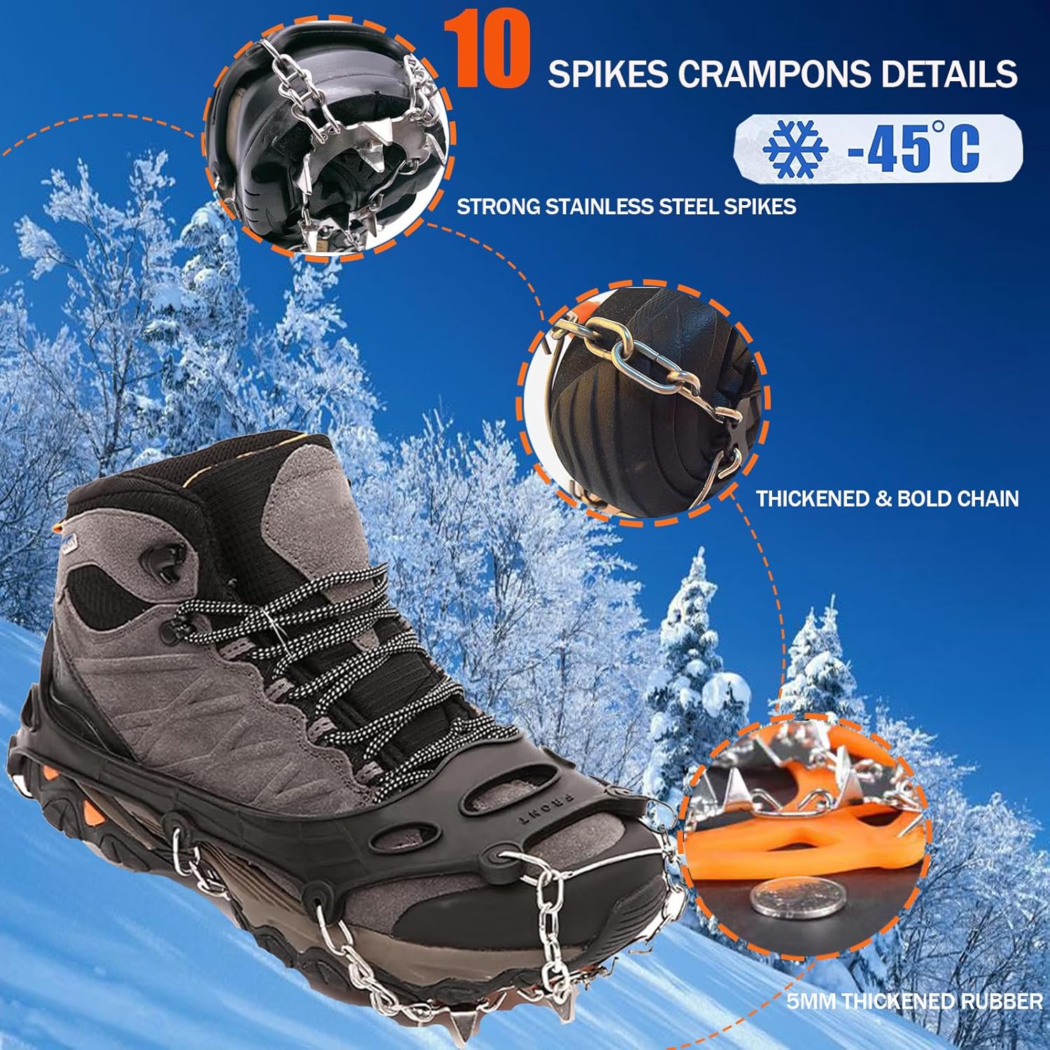 Grödel Stijgijzers for hiking boots with 10 teeth, crampons, shoe spikes, winter, anti-slip shoe spikes for men, women, adults, suitable for walking, trail — image 2