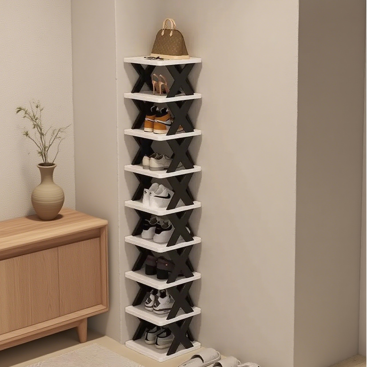 9-Tier Foldable White/Black Shoe Rack, space-saving vertical design for entry halls, living rooms, bedrooms, closets, balconies—an essential organizing storage