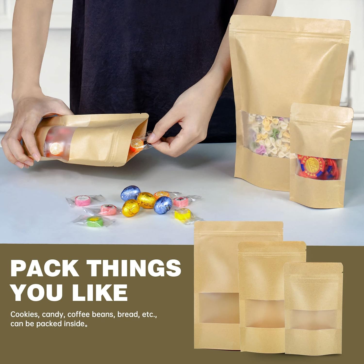 120pcs 4.7"x7.8" Kraft Bags with Window Zipper Lock Stand Up Bulk Pouches Resealable Bags, Smell Proof Mylar Bags for Food Storage, Stand-up Resealable Food — image 5