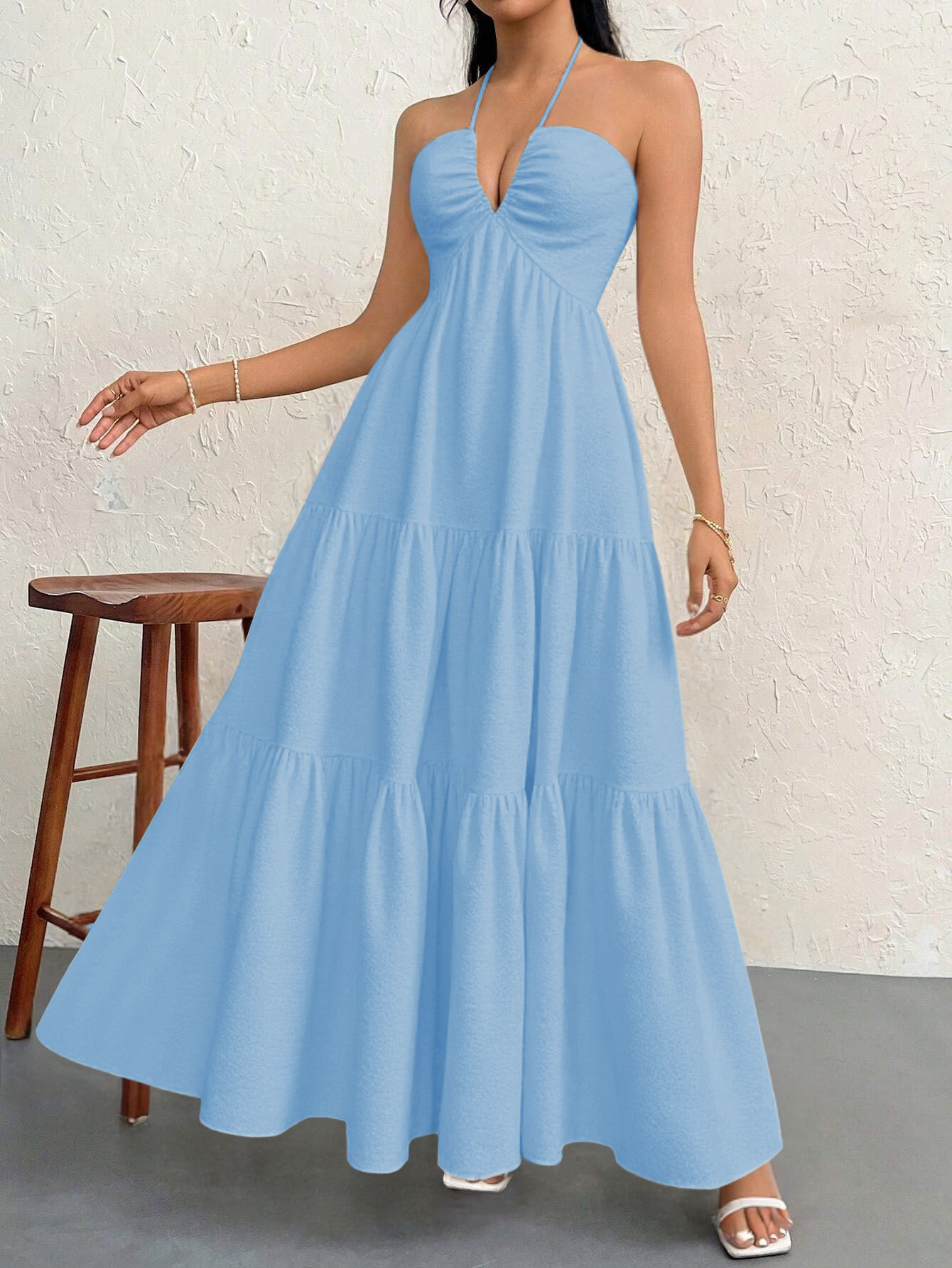 Blue XL Size Women's Elegant Halter Maxi Dress Summer Backless V-Neck Sleeveless Long Beach Resort Gown โ image 4