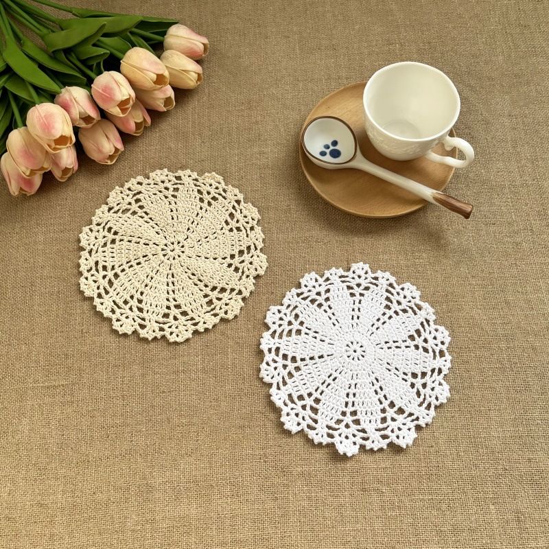 Handmade Crochet, [ 2Pcs] Rustic Cloth Lace Round Table Doilies Place Mats Vintage Decorate Table Placemats — image 5
