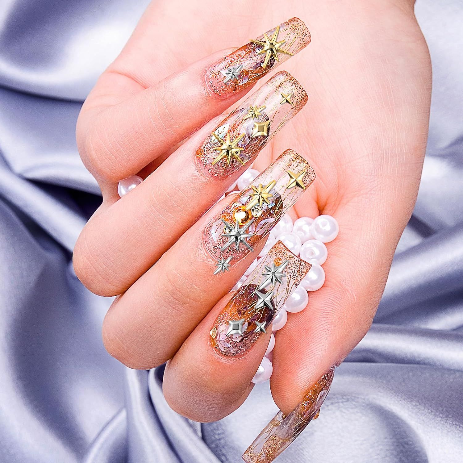 2500 Pack Gold and Silver 3D Star Nail Charms, Metal Nail Art Gems with Tweezers for DIY Manicures, Nail Decoration and Crafts โ image 6