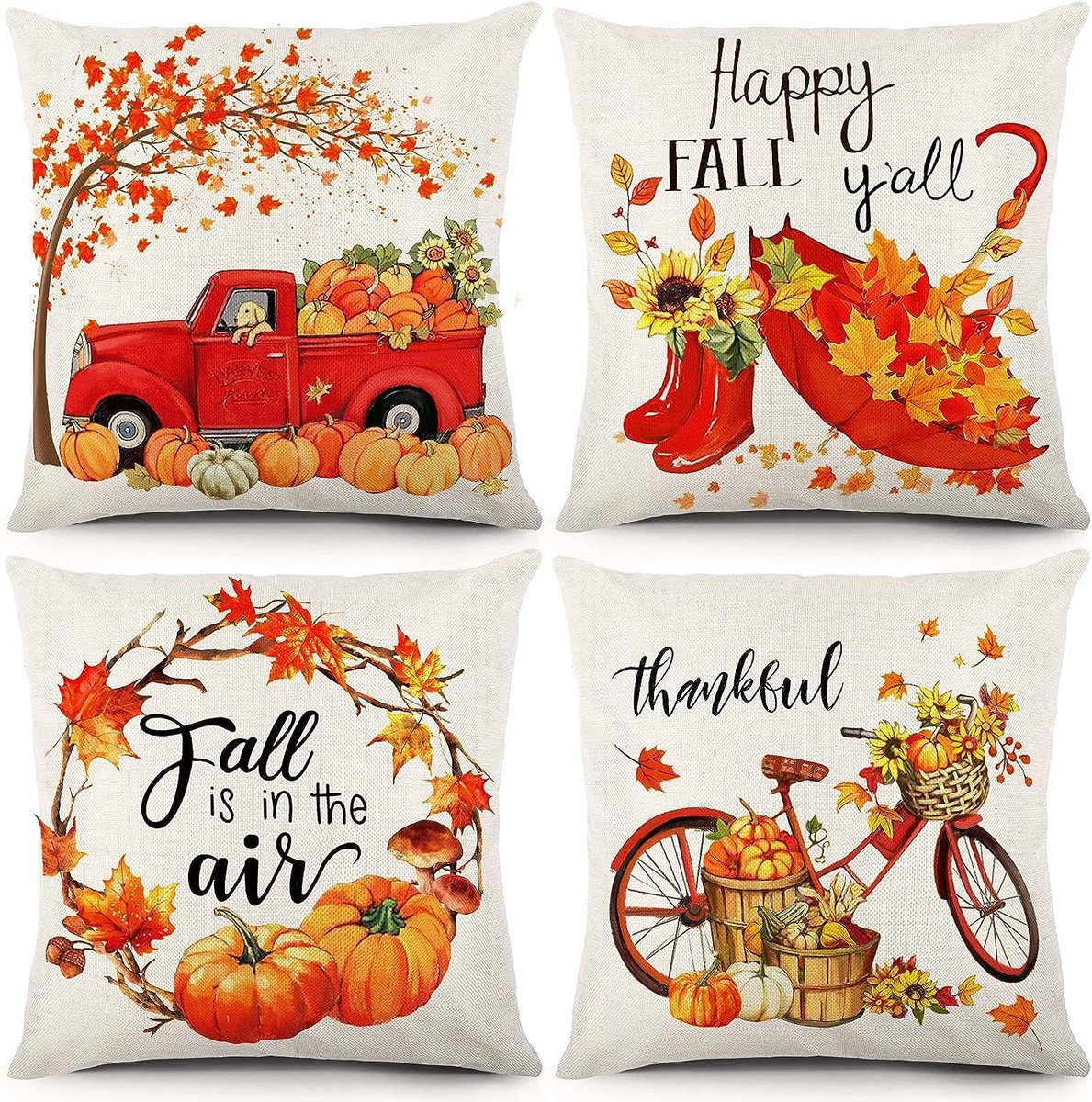 Halloween Theme - Fall Pillowcases - Linen - Bedroom Decor Pillowcases - Living Room Decor Pillowcases - Sofa Decor Pillowcases - 45 x 45 cm - Four-Piece Set
