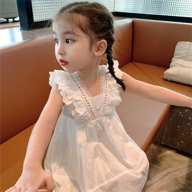 Girls Cotton Suspender Dress Princess Summer White lace skirt 120cm โ image 2