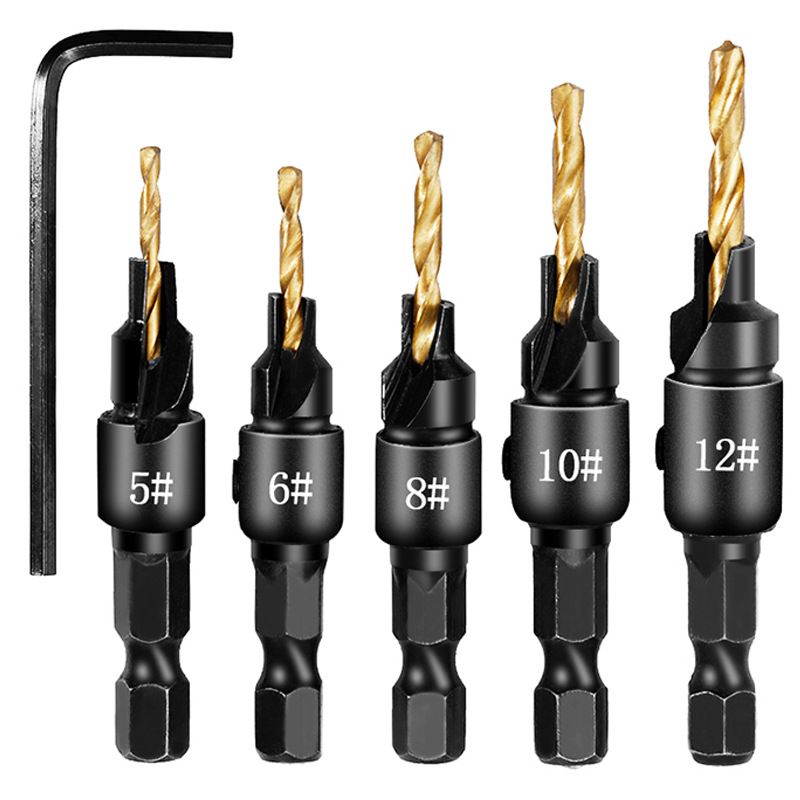 Hex Shank Countersink Drill Bit Power Tools Accessories for Plastic Metal Woodworking Tool by Power Drill 5Pcs/Set #5#6#8#10#12