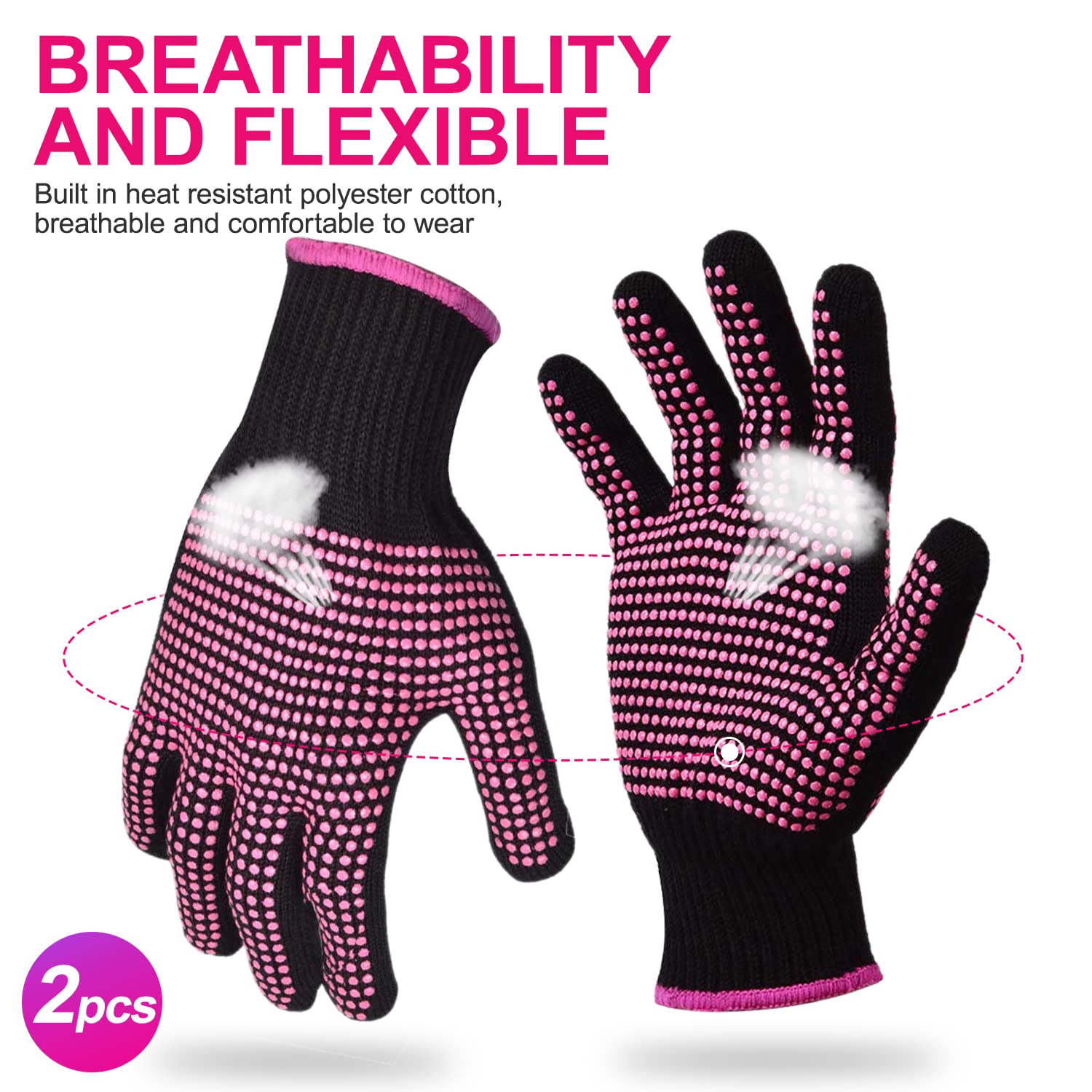 2Pcs Heat Resistant Gloves with Silicone Bumps, Professional Heat Protection Gloves for Hair Styling, Mitts for Curling Iron Wand Flat Iron Sublimation, Rose — image 3