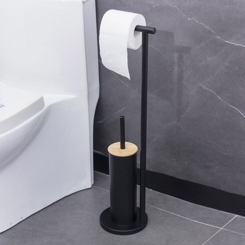 2-in-1 Iron Floor Standing Roll Paper Holder and Bamboo Lid Toilet Brush For Bathroom and Toilet-Black โ image 4
