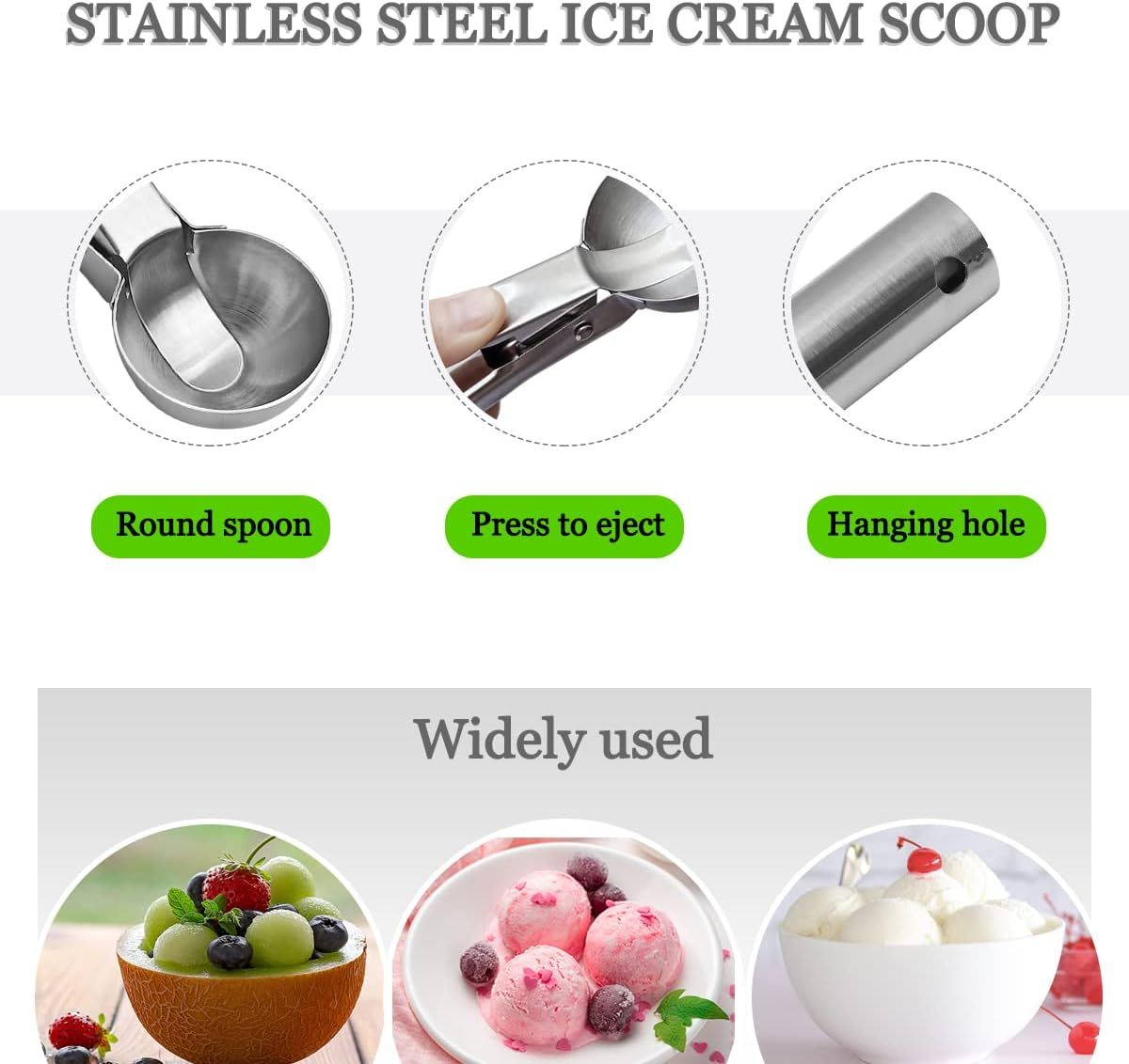 2 Pack Stainless Steel Trigger Ice Cream Scoops, Heavy Duty Portion Spoons for Gelato, Sorbet, Fruit and Desserts, Silver, 19.1 x 5.3 cm β image 4
