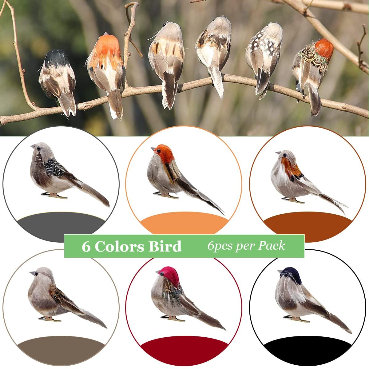 3D Small Artificial Sparrow 3.9" Clip on Feather Birds Ornaments for Craft Garden Christmas Tree Decoration Home Decor (6pcs) — image 5