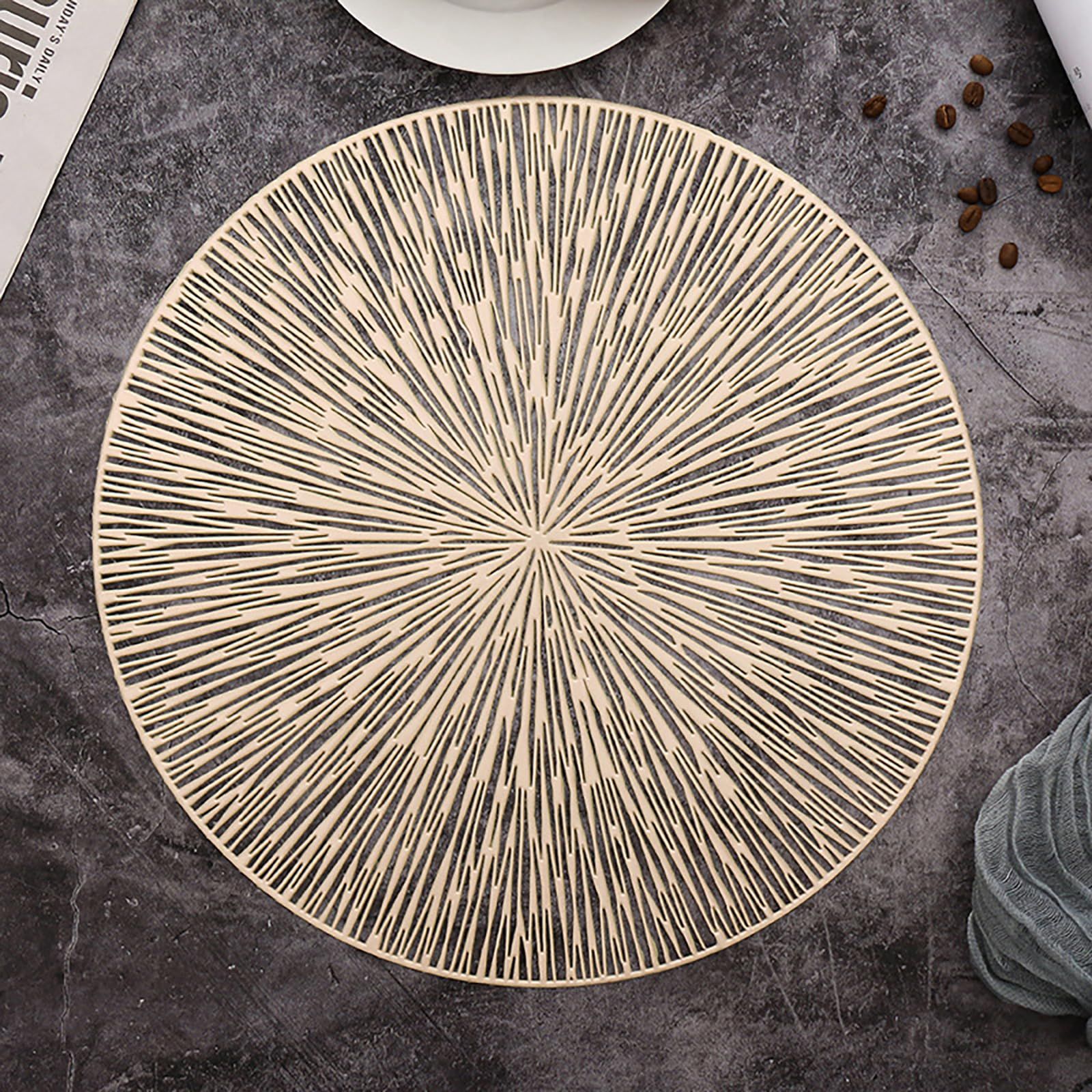6PCS Round Placemats Pressed Vinyl Slip Resistant Table Mats Golden Fireworks Placmats Wipeable Hollowout (15 x15,Gold)