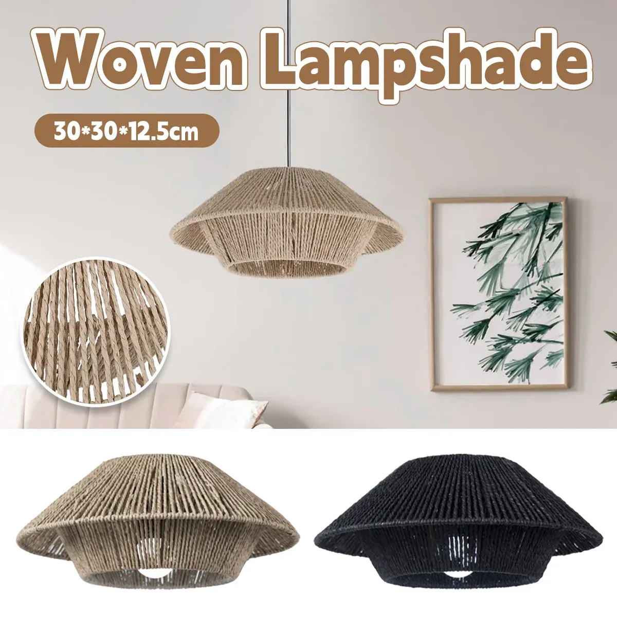 Hand Woven Paper Rope Pendant Lampshade Boho Rattan Style - Yellow — image 2
