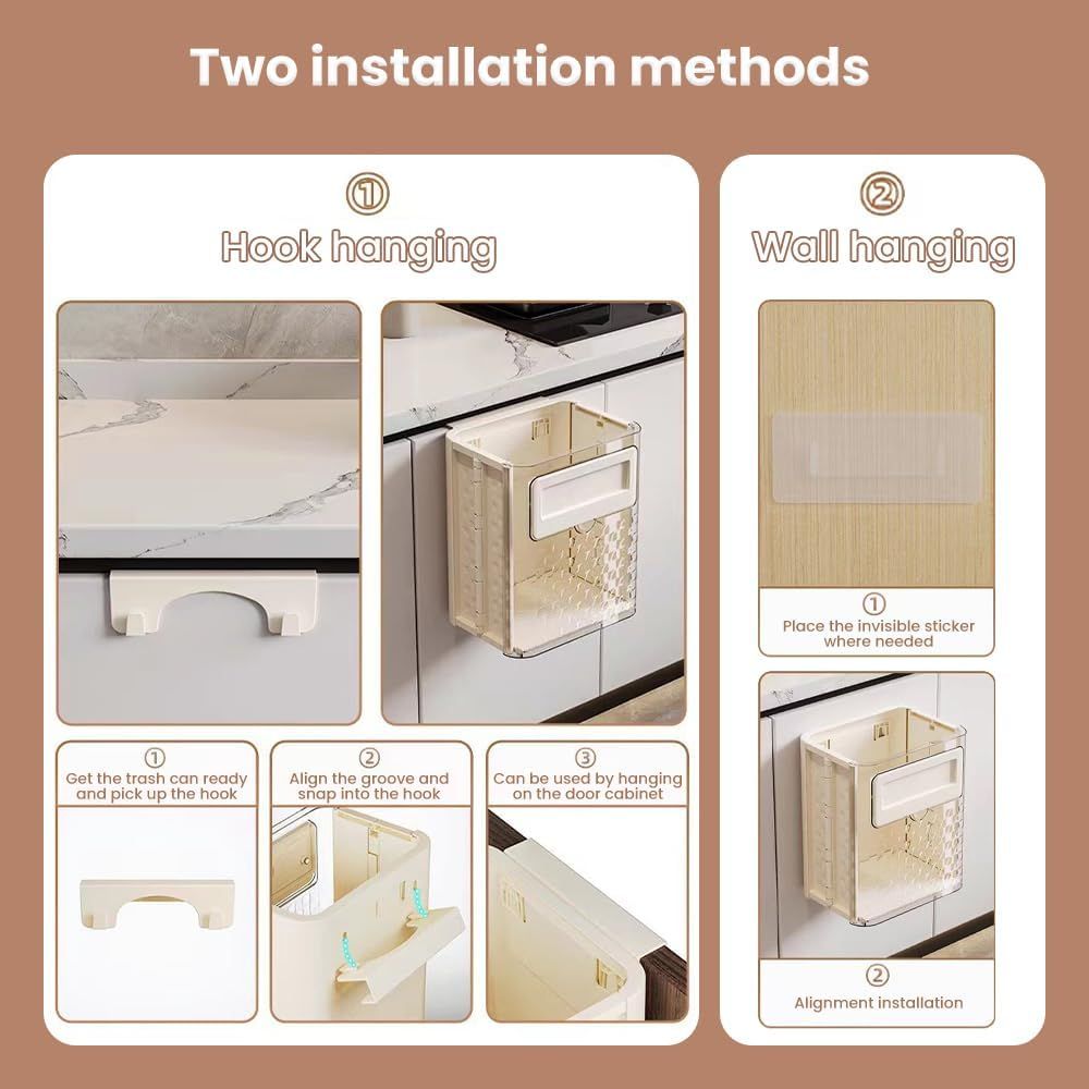 Folding Hanging Trash Can, Kitchen Cabinet/Car/Bedroom/Bathroom Folding Hanging Small Plastic Trash Can (off-white) — image 4