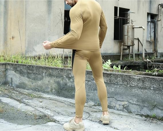 2-Pack XXL Size Men's Tactical 4-Way Stretch Fleece Lined Thermal Underwear Set(Black + Khaki) - Winter Sweat-Wicking & Breathable Sportswear for Training & — image 3