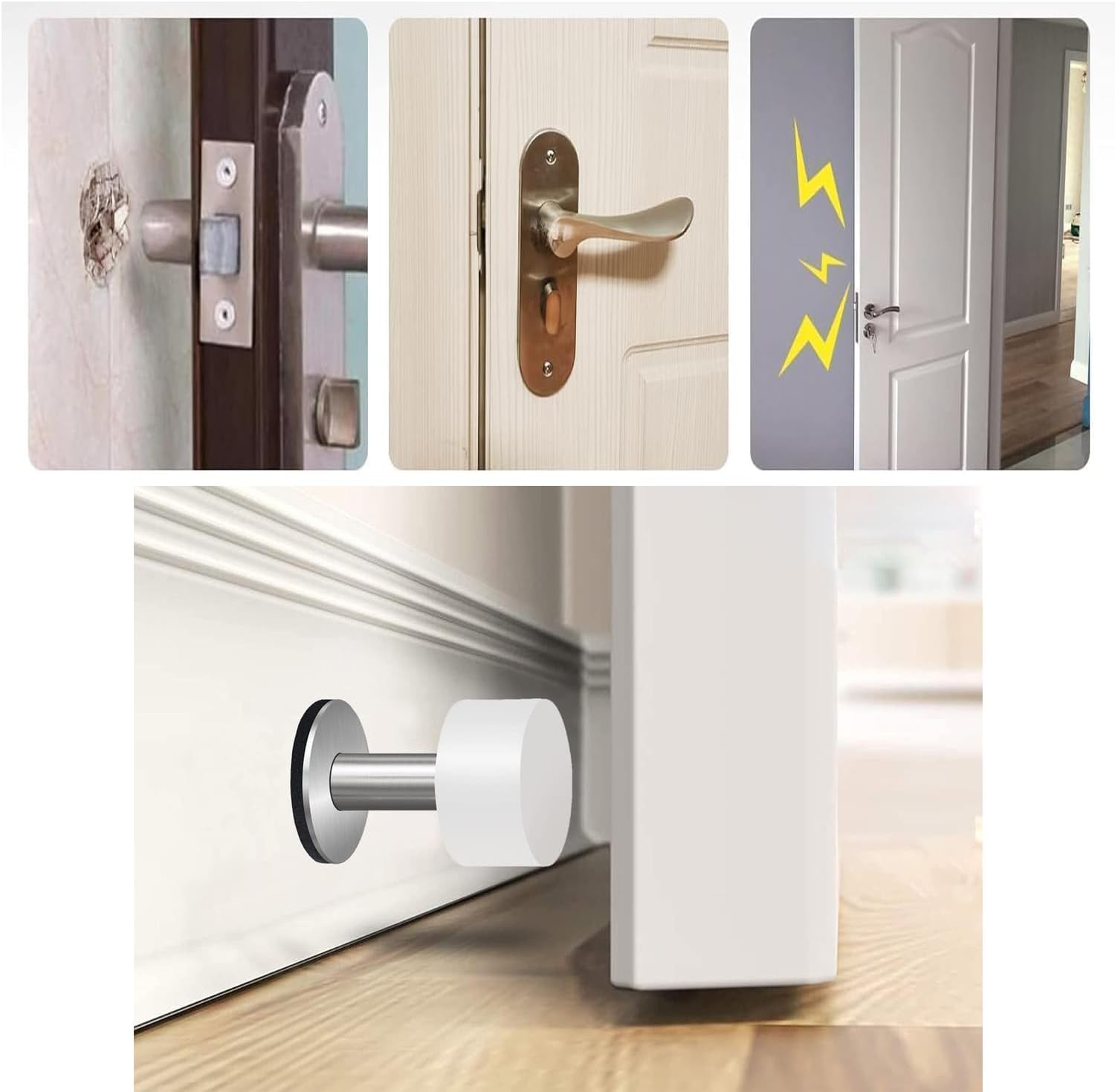 Door Stoppers with Extra Stickers, Self-Adhesive Door Stop with White Rubber & Stainless Steel Body - Sound Dampening Door Bumpers for Home & Office, Door