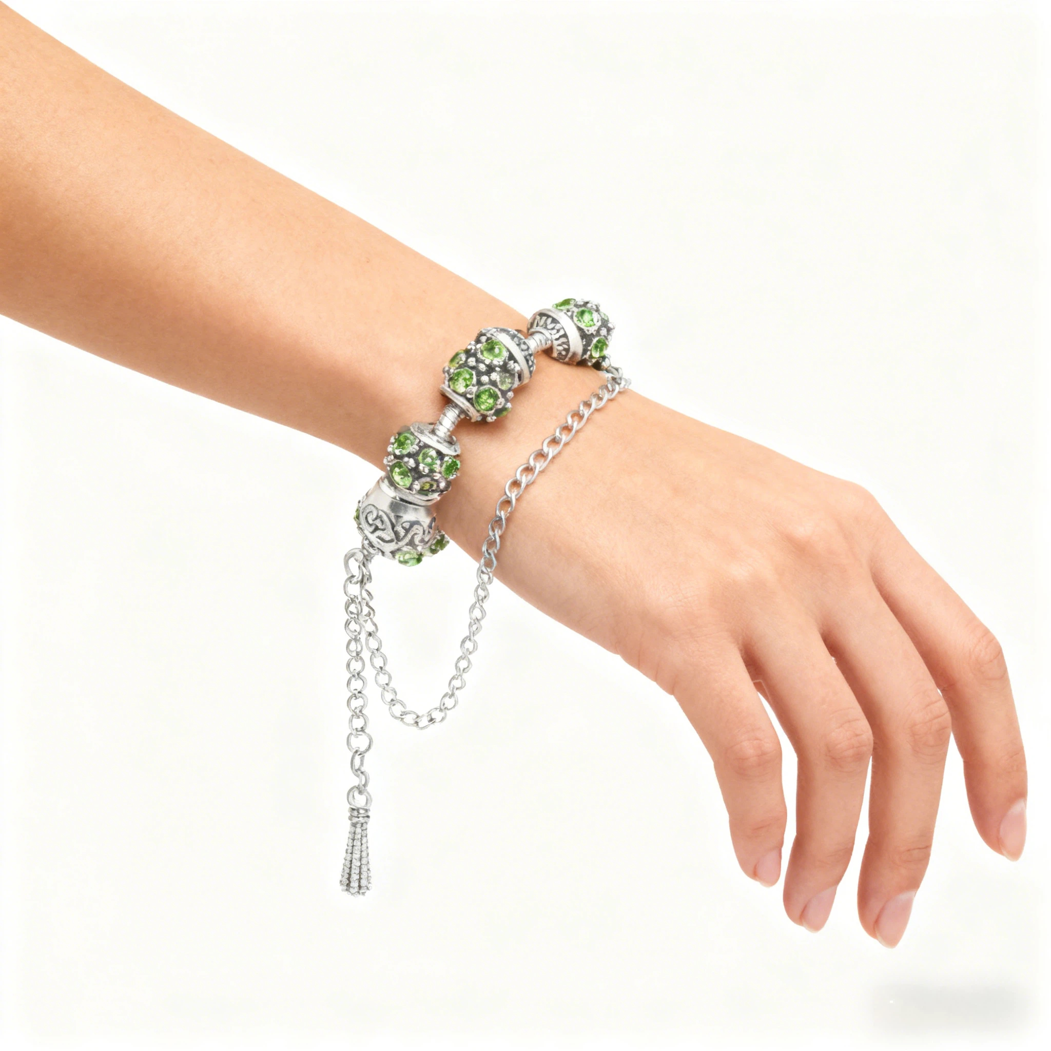 Women’s Vintage Silver-Plated Charm Bracelet - Crystal-Embedded Hollow Carved Multi-Bead Fashion Jewelry(green-19cm) — image 3