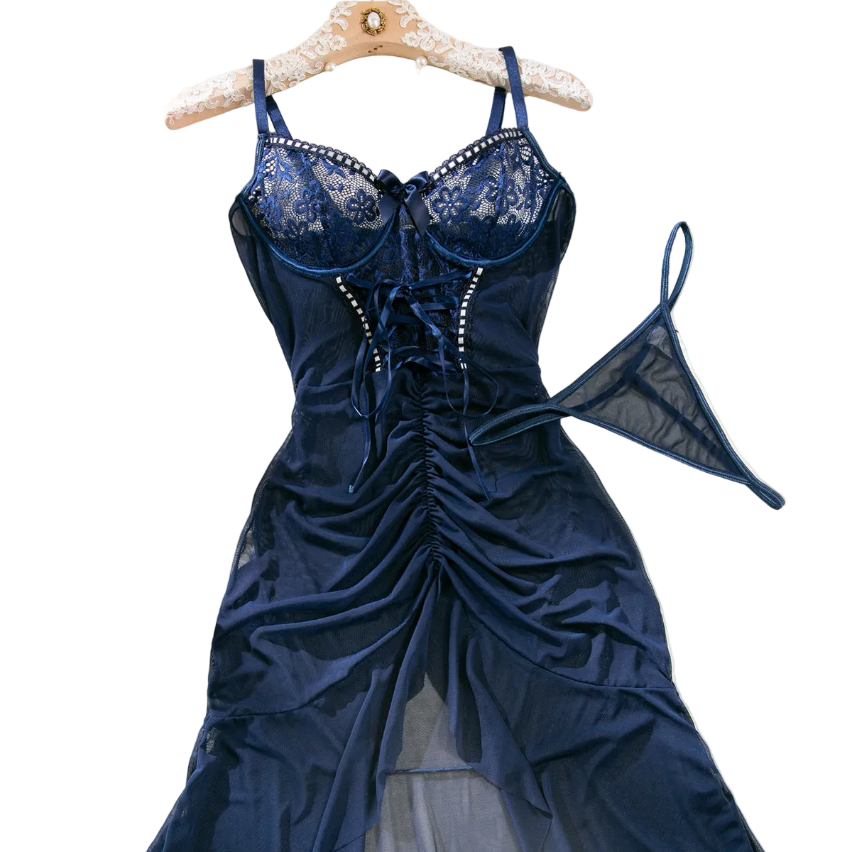 House Of Dasein Cross Border Sexy Lace Transparent Temptation Ultra Thin Mesh Dress And Thong Set - Navy Blue - M