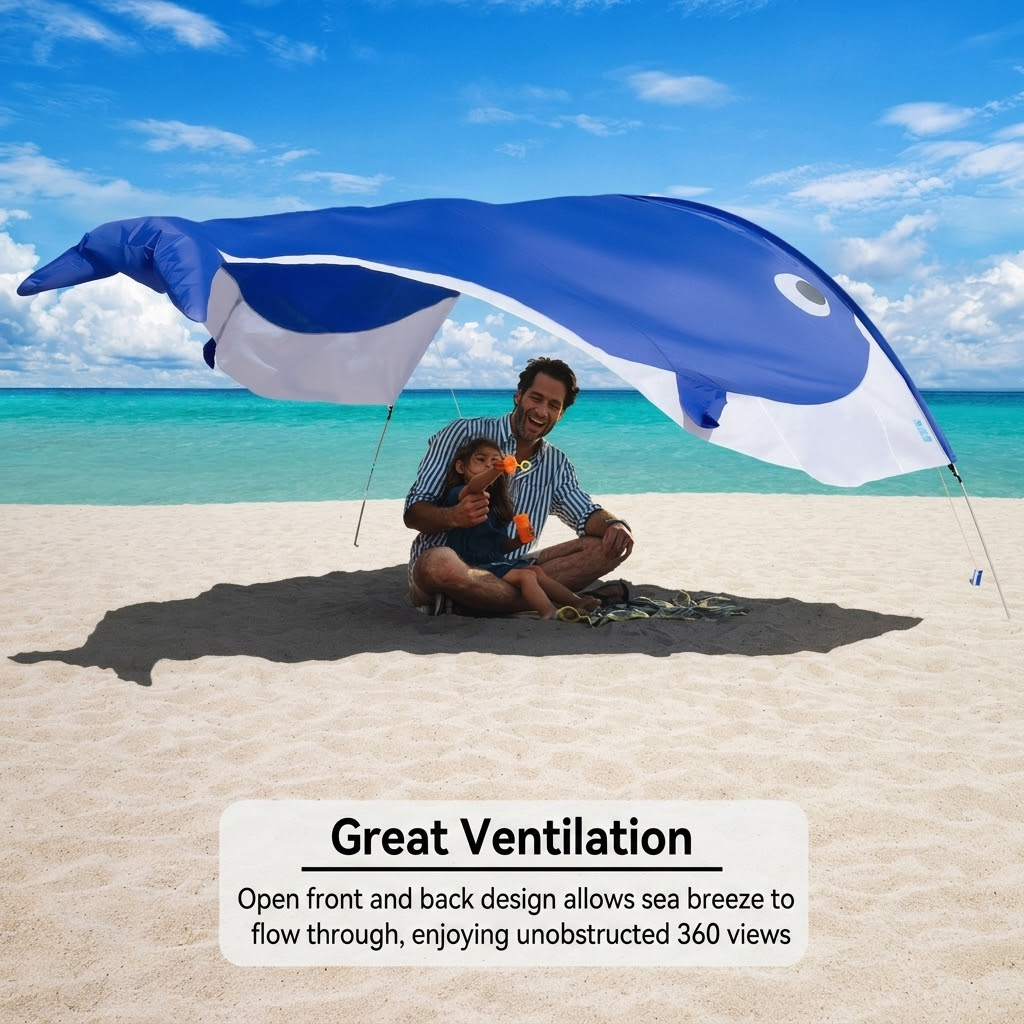 Whale-Shaped Beach Wind Shelter – Ultra-Light 1 kg Portable Sun Shade Tent, Spacious for 2-3 People, Quick Setup Open Design for Seaside Relaxation and Family — image 3