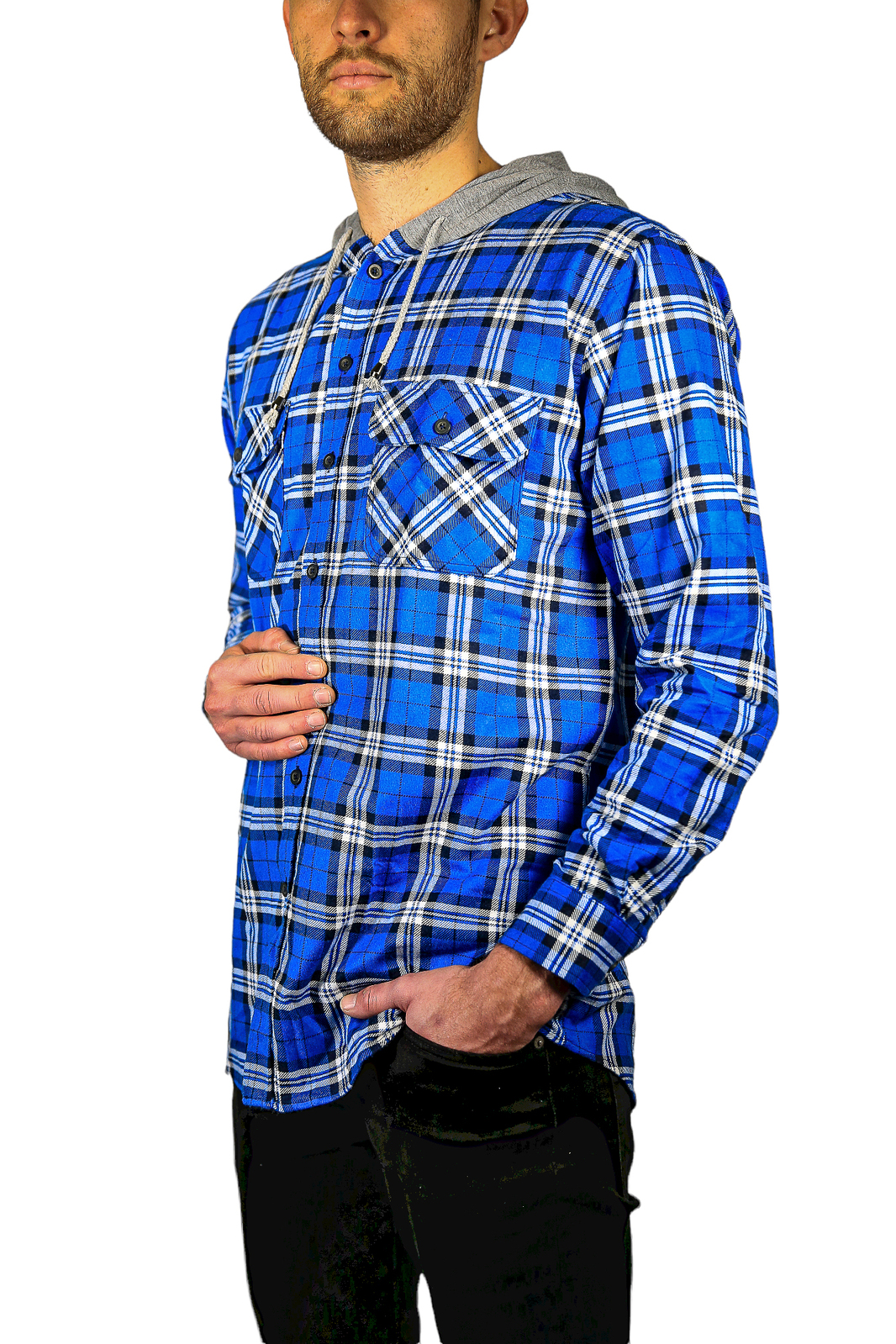 Mens Cotton Flannelette Shirt w Jersey Hood Long Sleeve Flannel - Spanish Blue โ image 4