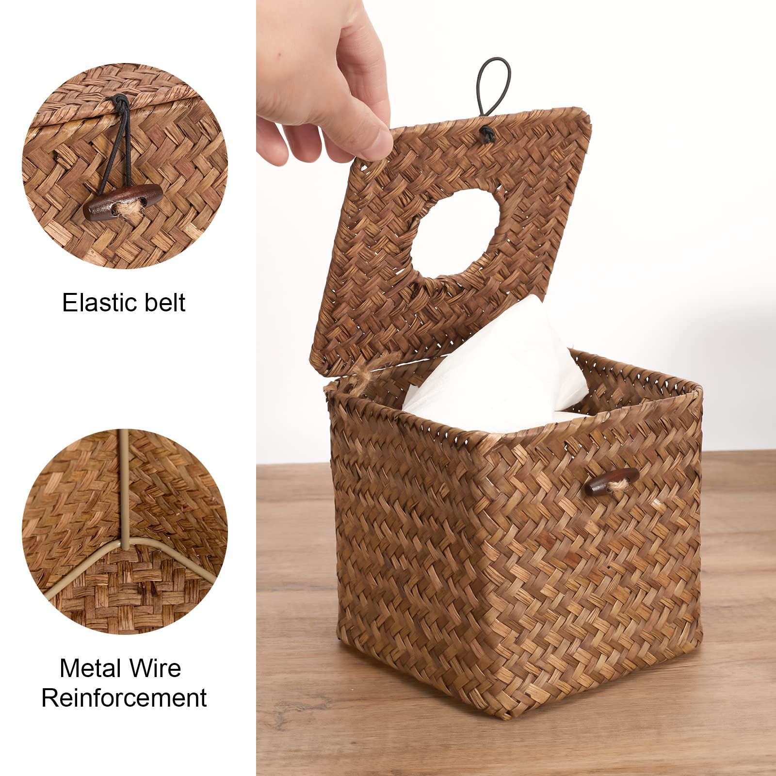 Woven Tissue Box Cover Square,Decorative Tissue Box Holder, Made of Natural Seagrass for Home Office Car Automotive Decoration — image 2