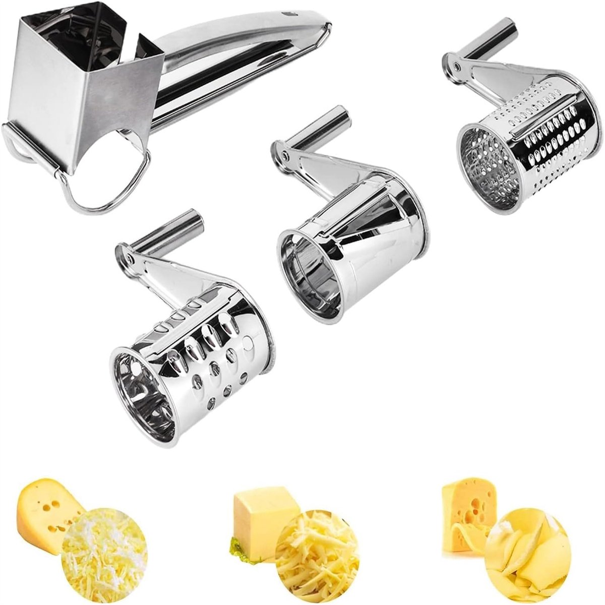Cheese Grater - Stainless Steel Drum Grater - Hard Cheese Grinder - Efficient and Durable - Dishwasher Safe - Includes 3 Cutting Blades - Suitable for