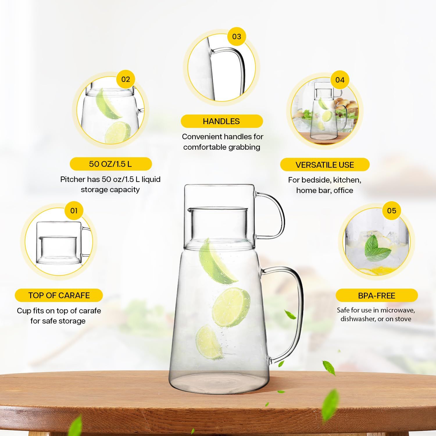 Glass Pitcher with Lid – Multifunctional Bedside Water Carafe and Glass Set - Premium 1.3L Glass Water Carafe with Handle — image 5