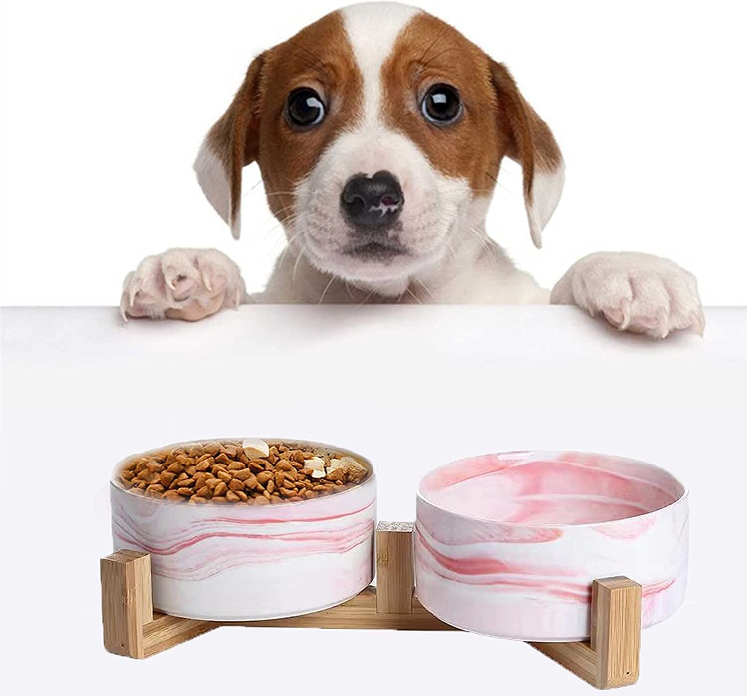 Ceramic Round Pet Feeder, 14OZ Dog Cat Bowl with Wood Stand, Durable Modern Cute Weighted Food Water Set, Double Bowls Design — image 3