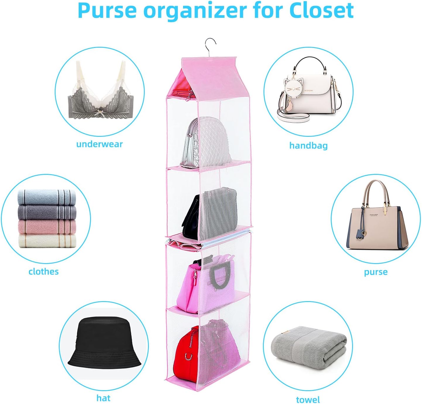 Closet Purse Organizer, Hanging Handbag Organizer with 4 Heavy-Duty Mesh Shelves Closet Purse Storage Bag (Pink) — image 5