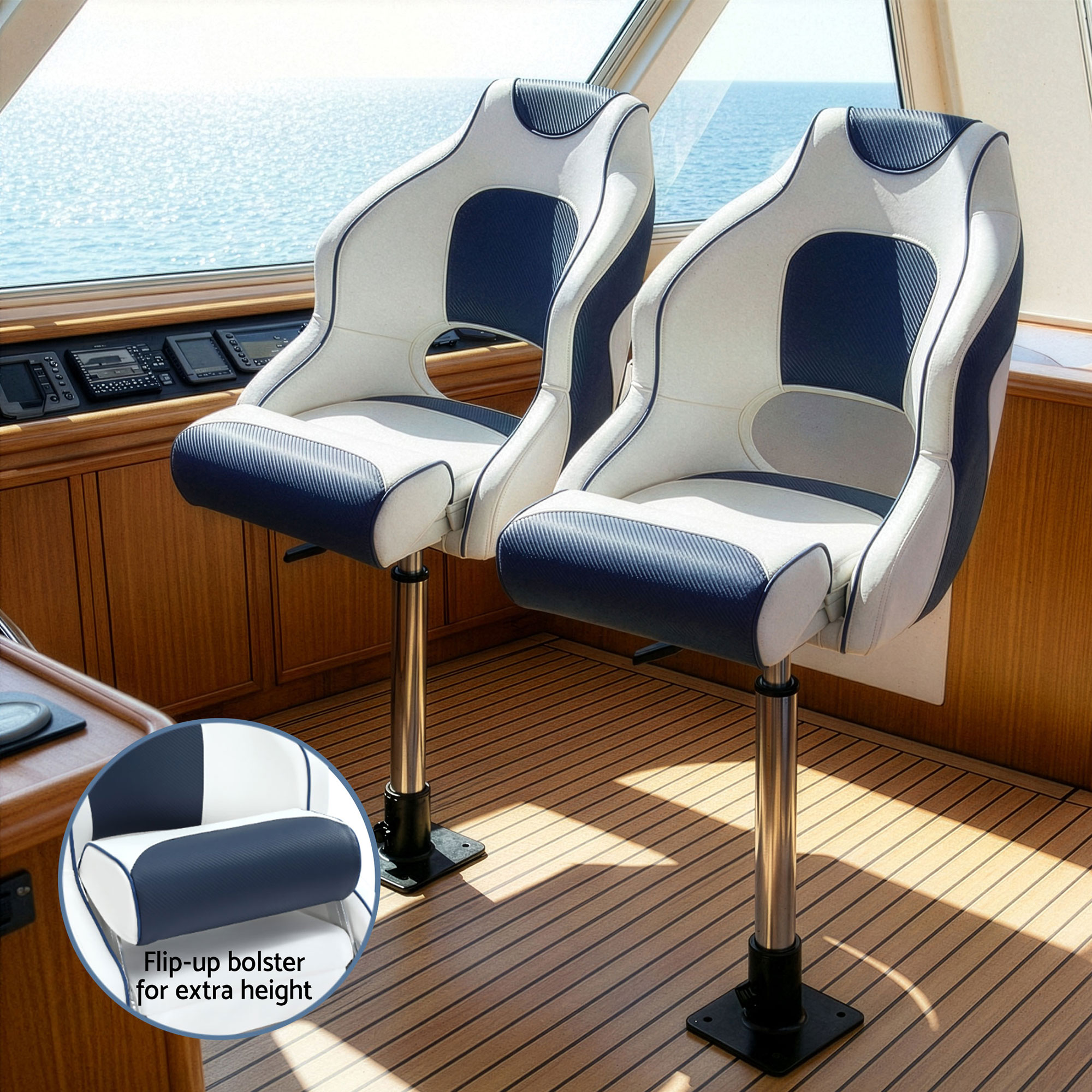 Seamanship Captain Bucket Boat Seats Flip Up Bolster Swivel 15cm Padding with Adjustable Pedestals 55–75cm Blue — image 6