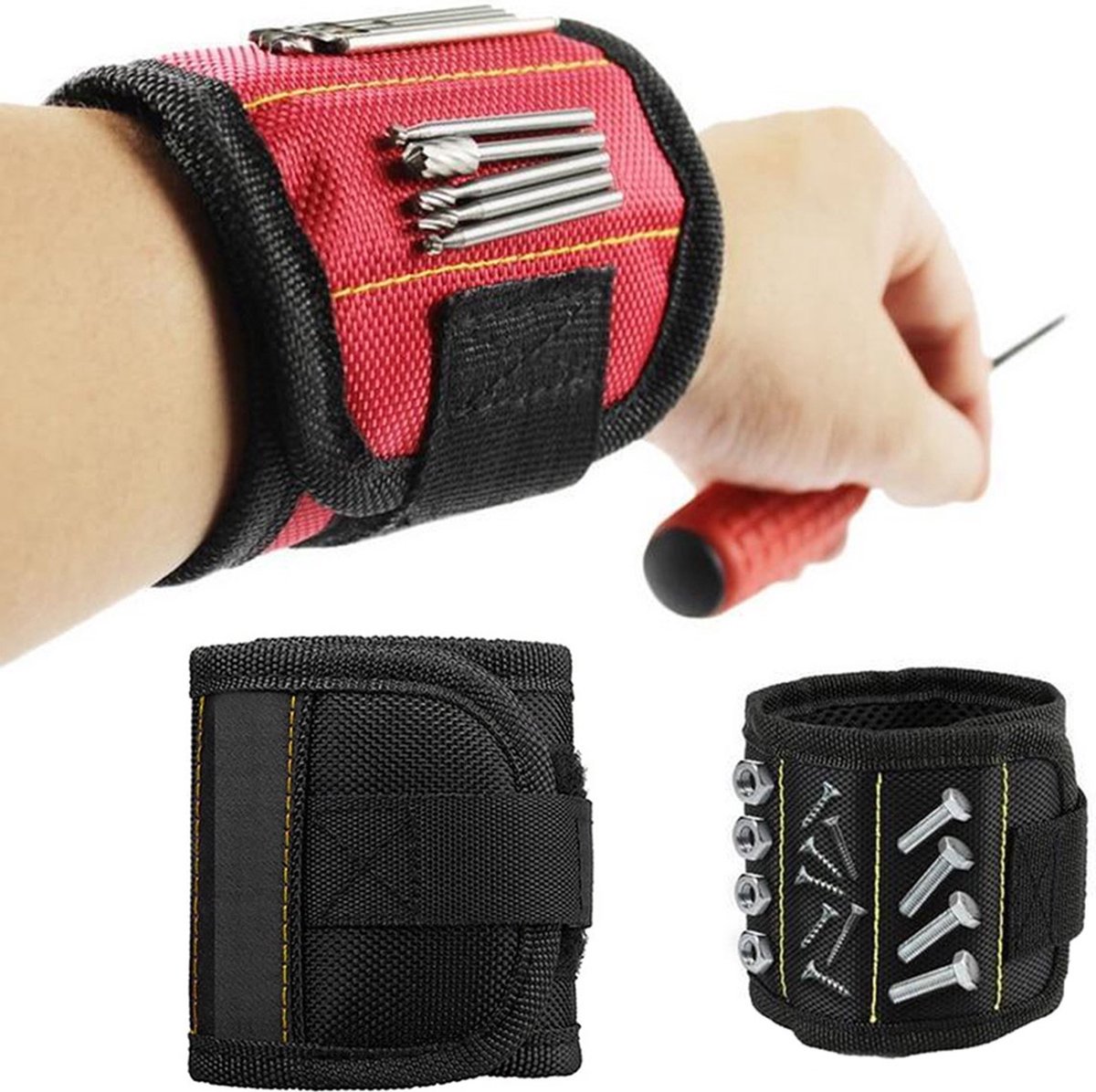 Magnetic Bracelet With 3 Magnetic Pockets | Wrist Tool Belt | Screw Wristband | DIY Bracelet | One Size | Black — image 3