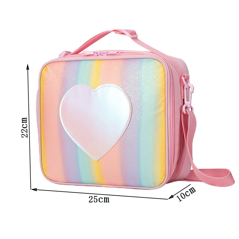 Orange Sparkling Rainbow Heart Insulated Lunch Bag for Kids - Portable School Lunch Box with Shoulder Strap — image 3